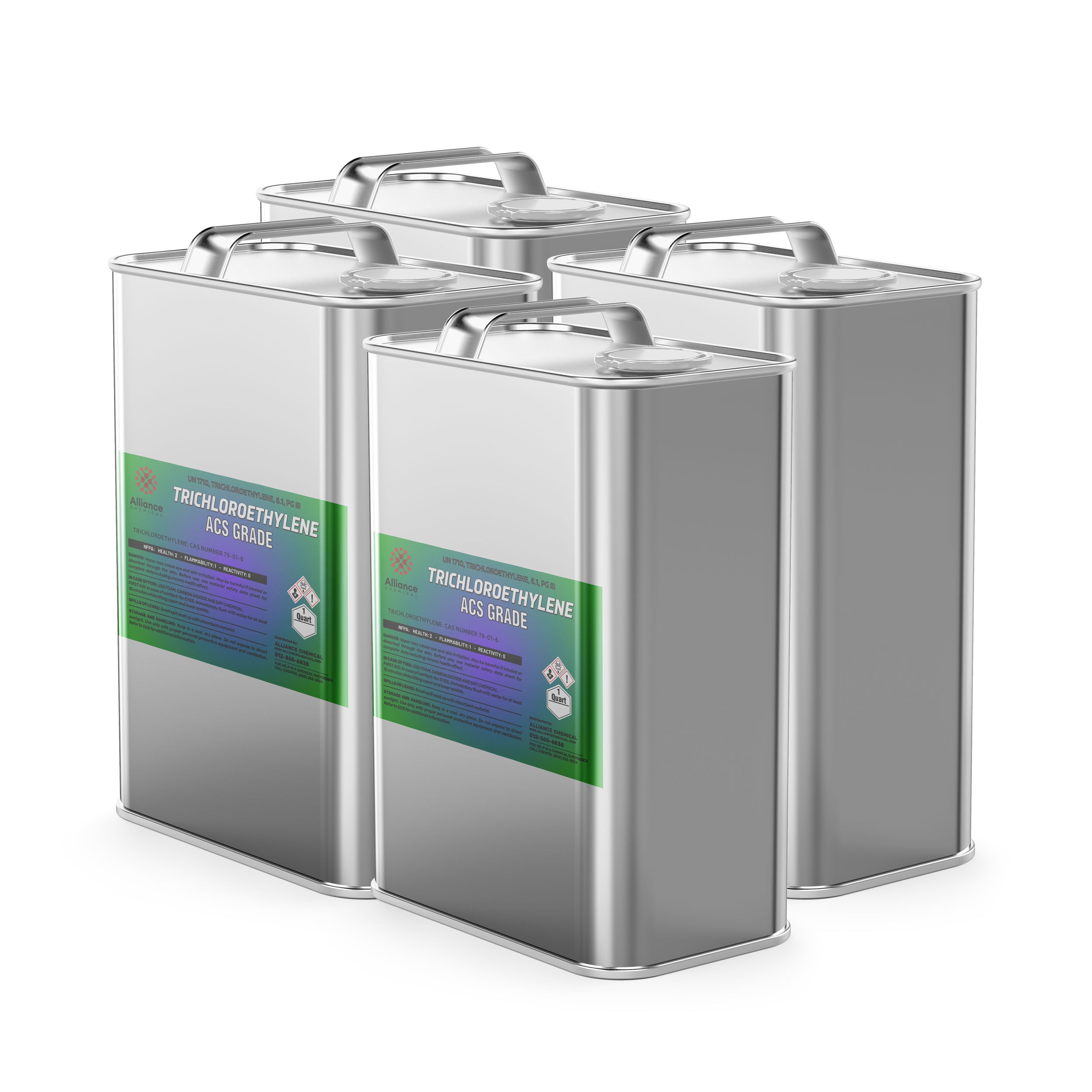 4x1-quart metal canisters of Trichloroethylene ACS Grade solvent with green safety labels, hazard warnings and sealed handles.