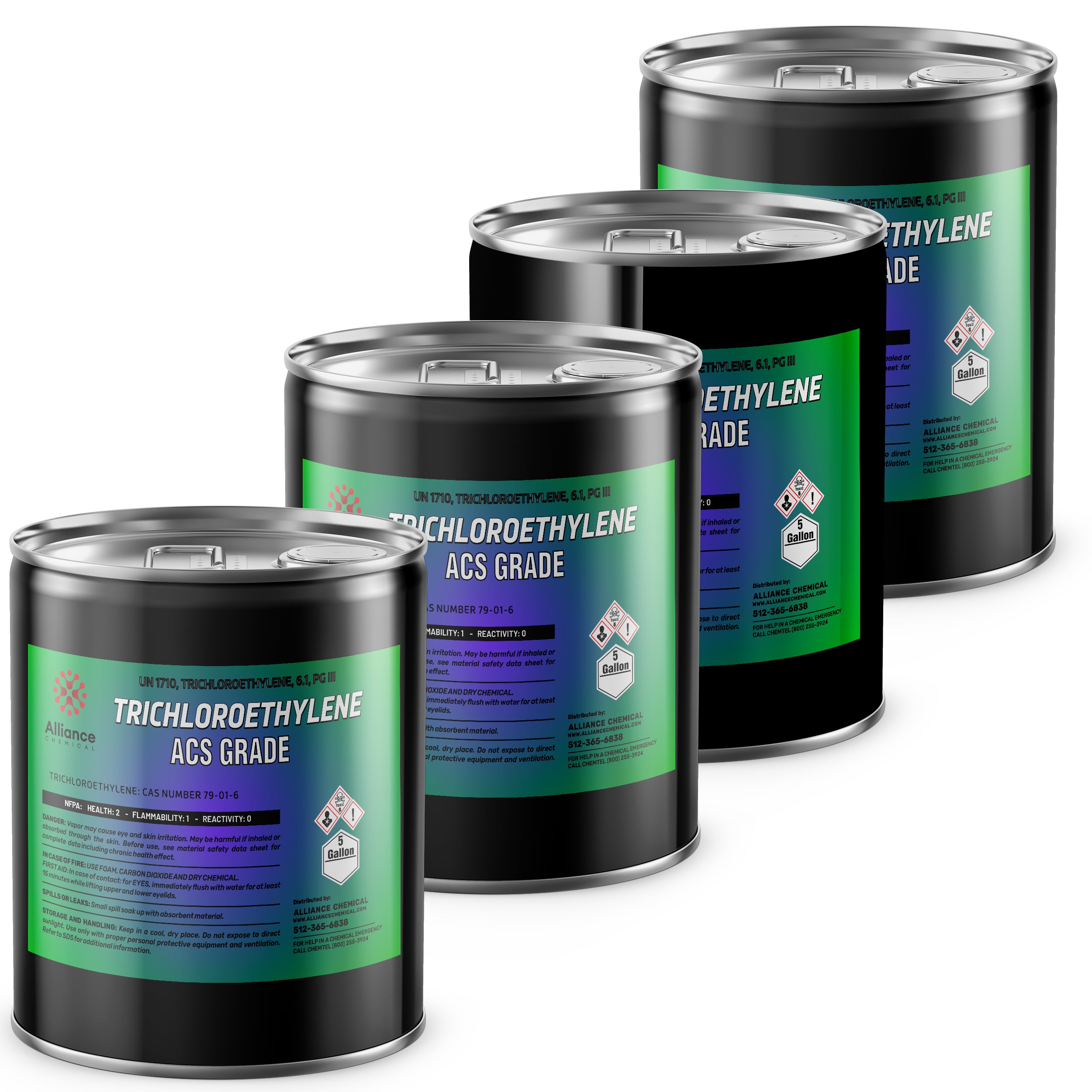 5-gallon steel drums of Trichloroethylene ACS Grade with GHS hazard symbols, Alliance Chemical branding, blue-green label, UN1710 marking.