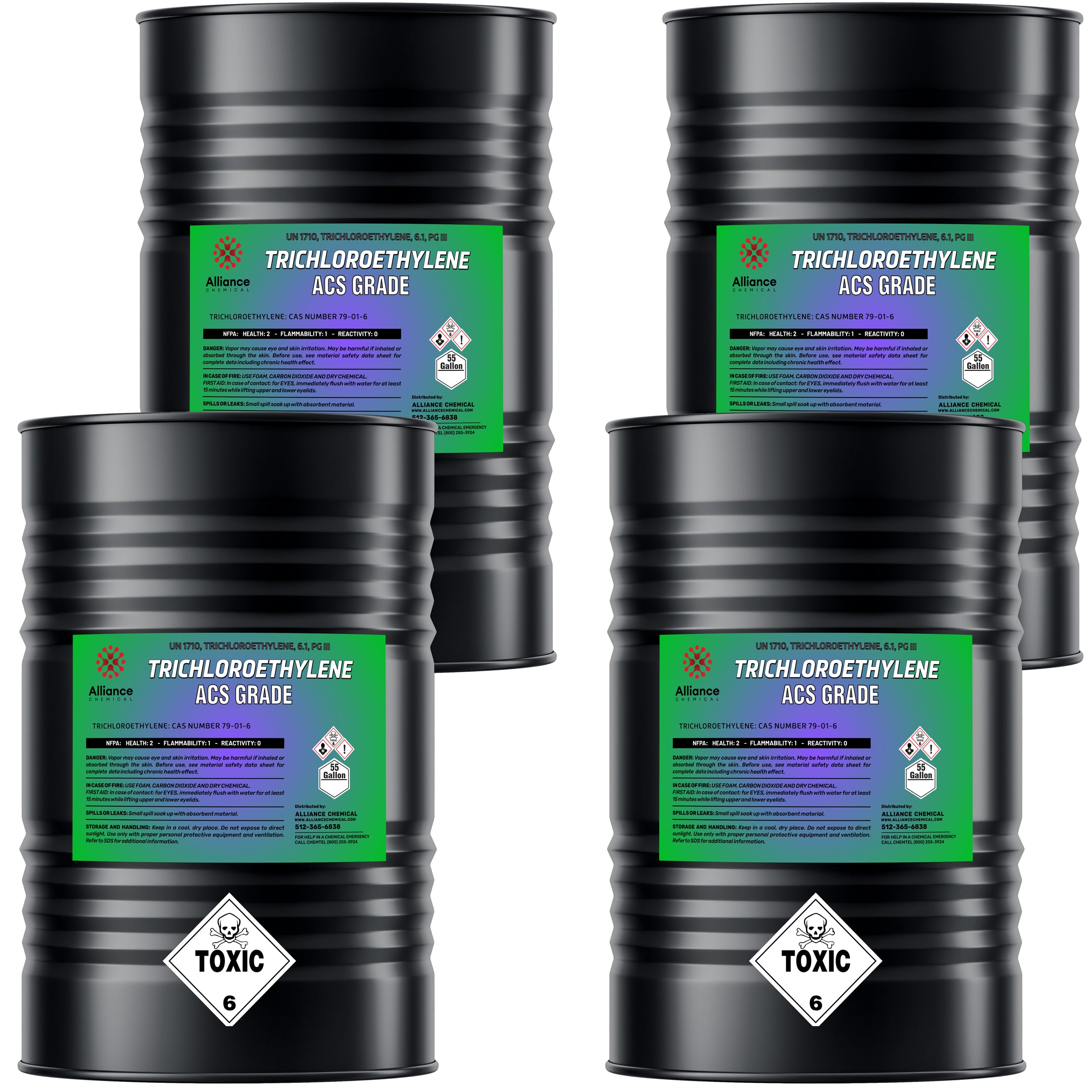 4x55 gallon drums of TCE (Trichloroethylene) ACS Grade with green Alliance Chemical labels, UN1710 classification, and Class 6 toxic hazard symbols.