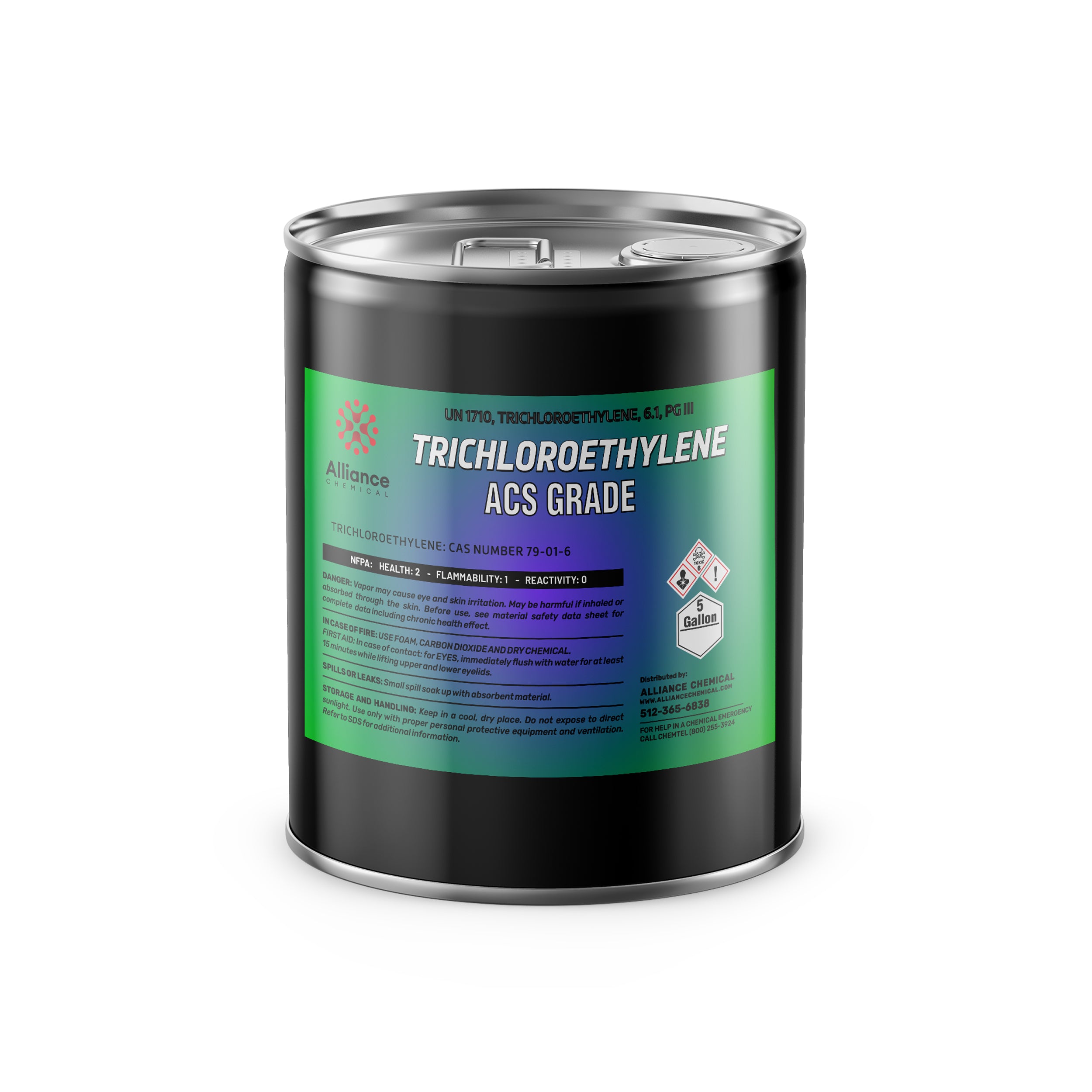 5-gallon steel drum of ACS grade Trichloroethylene (CAS 79-01-6) with NFPA safety diamond 2-1-0, hazard symbols, and Alliance Chemical labeling.