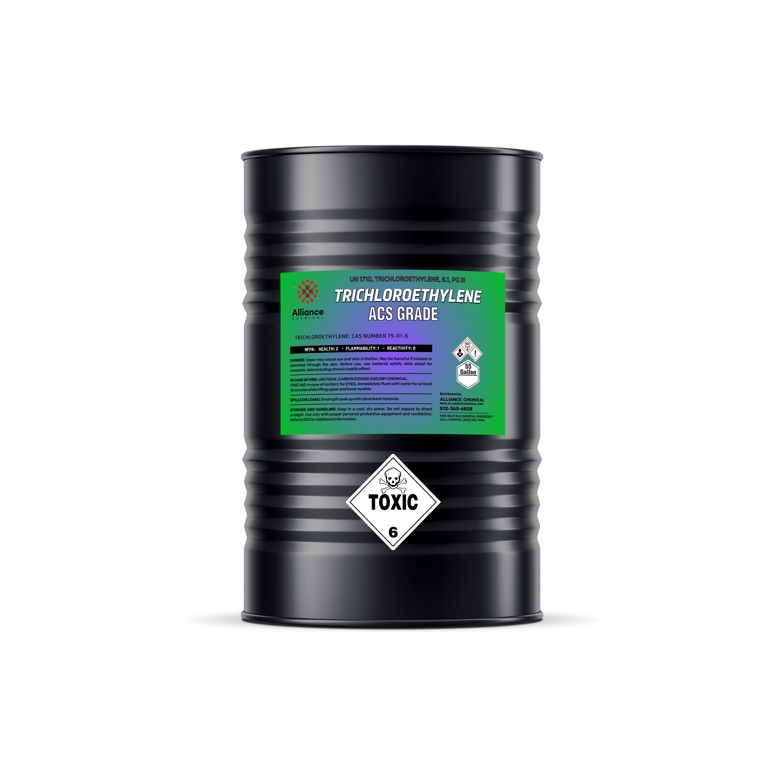 55-gallon black drum of ACS grade trichloroethylene (TCE) with green Alliance Chemical label, Class 6 toxic hazard diamond, UN 1710 marking.