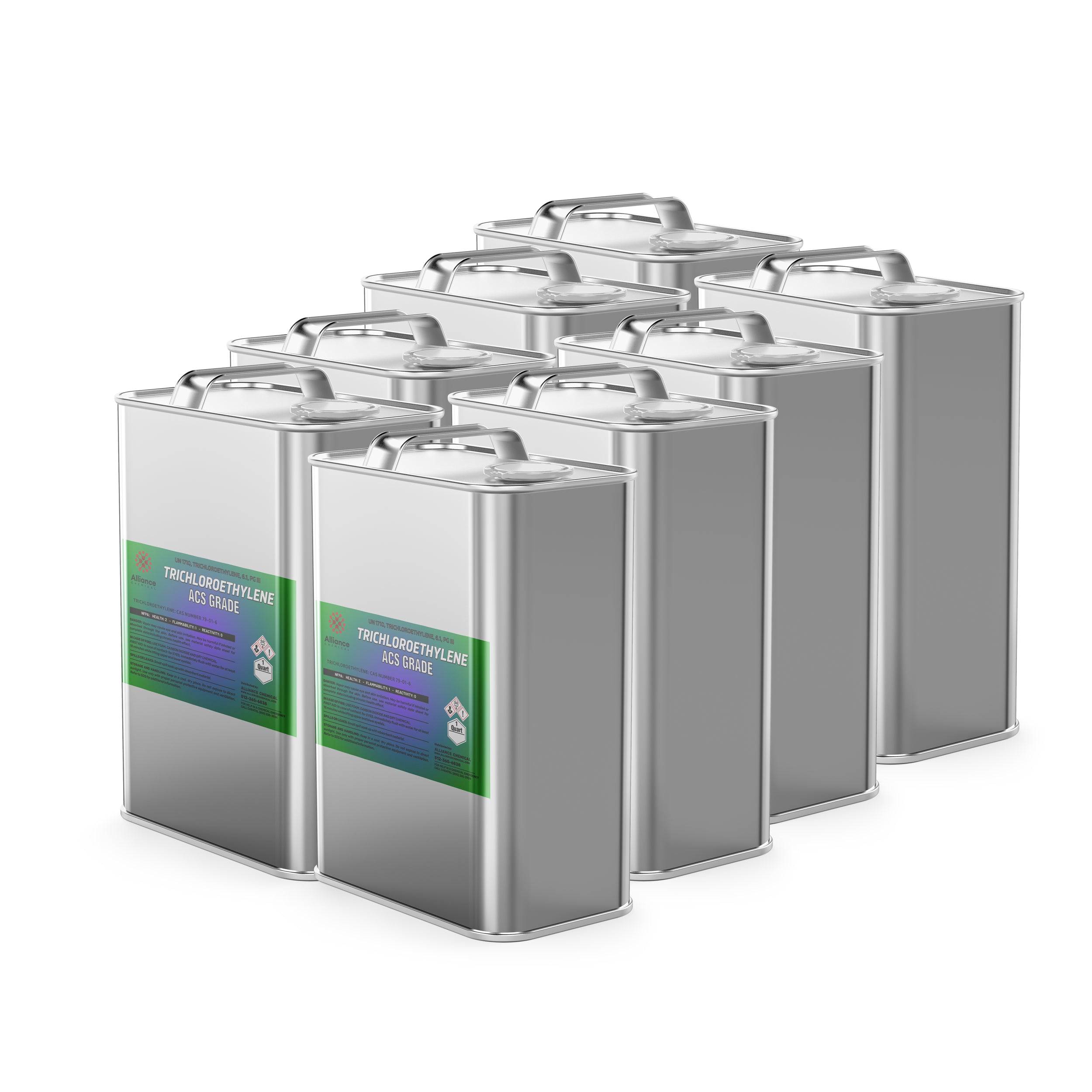 8x1-quart silver metal canisters of Trichloroethylene ACS Grade solvent with green-labeled hazard warnings, industrial chemical grade TCE.