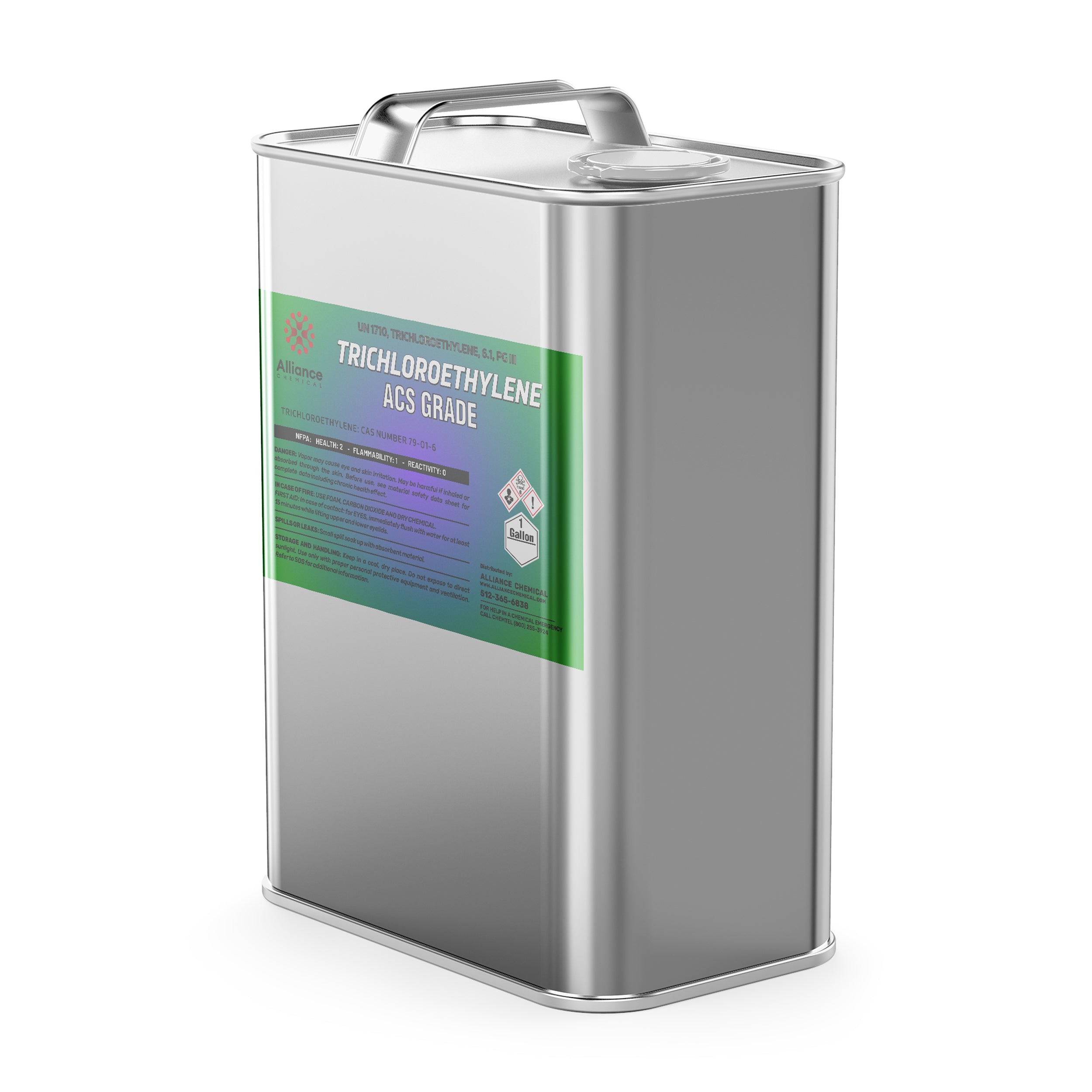 One-gallon metal canister of Trichloroethylene (TCE) ACS Grade solvent with green label, hazard warning symbols, and carry handle for laboratory use.