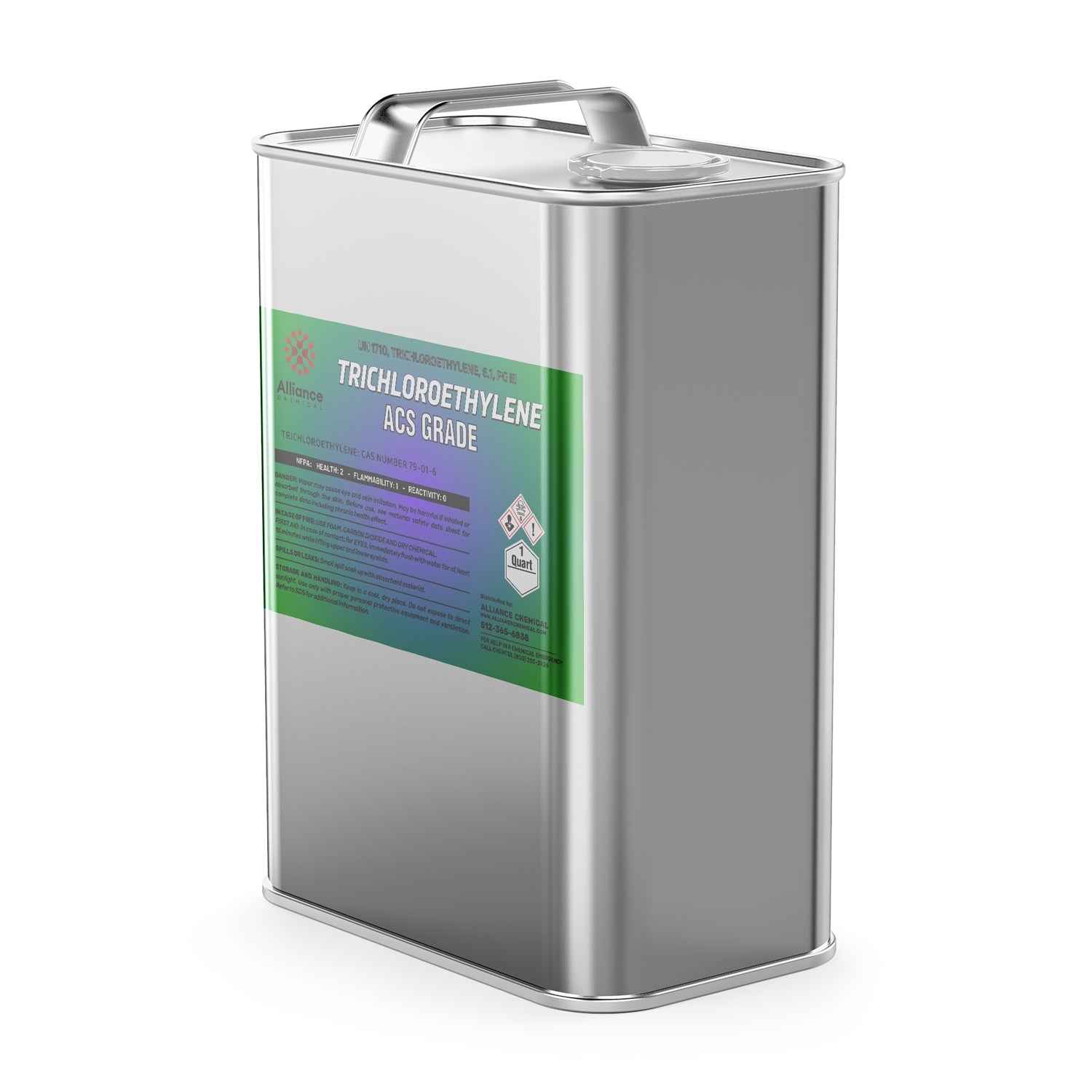 1-quart steel canister of Trichloroethylene ACS Grade solvent with GHS hazard symbols, green label, Alliance Chemical branding, handle-top design.