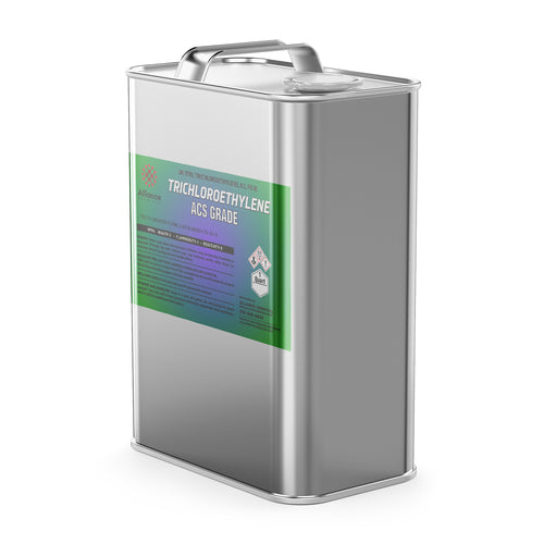 1-quart steel canister of Trichloroethylene ACS Grade solvent, green label, Alliance Chemical branding, handle-top design