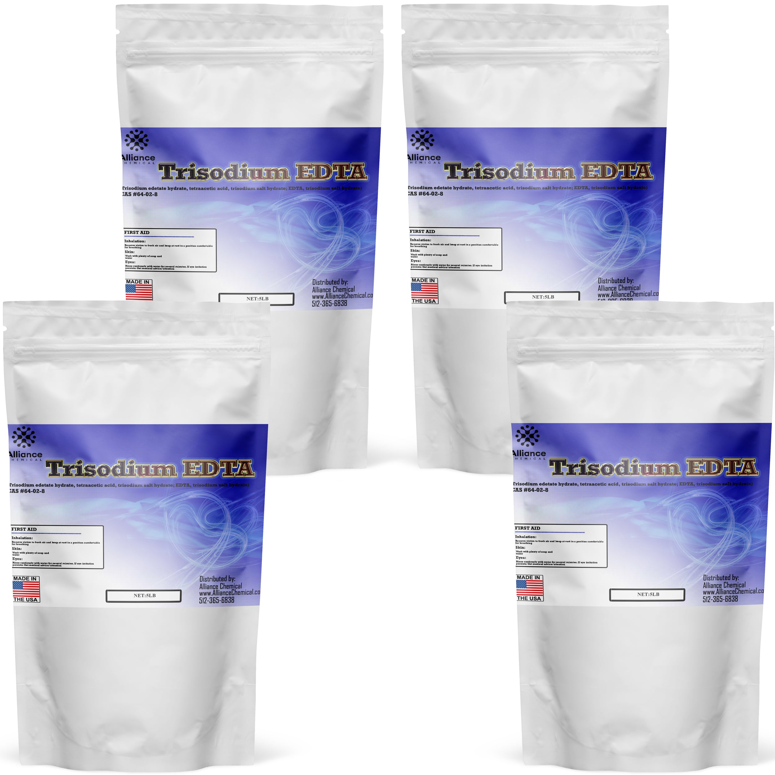 5 lb bags (4-pack) of Trisodium EDTA powder in resealable white stand-up pouches with blue labeling, Made in USA, includes first aid information and CAS number 64-02-8.