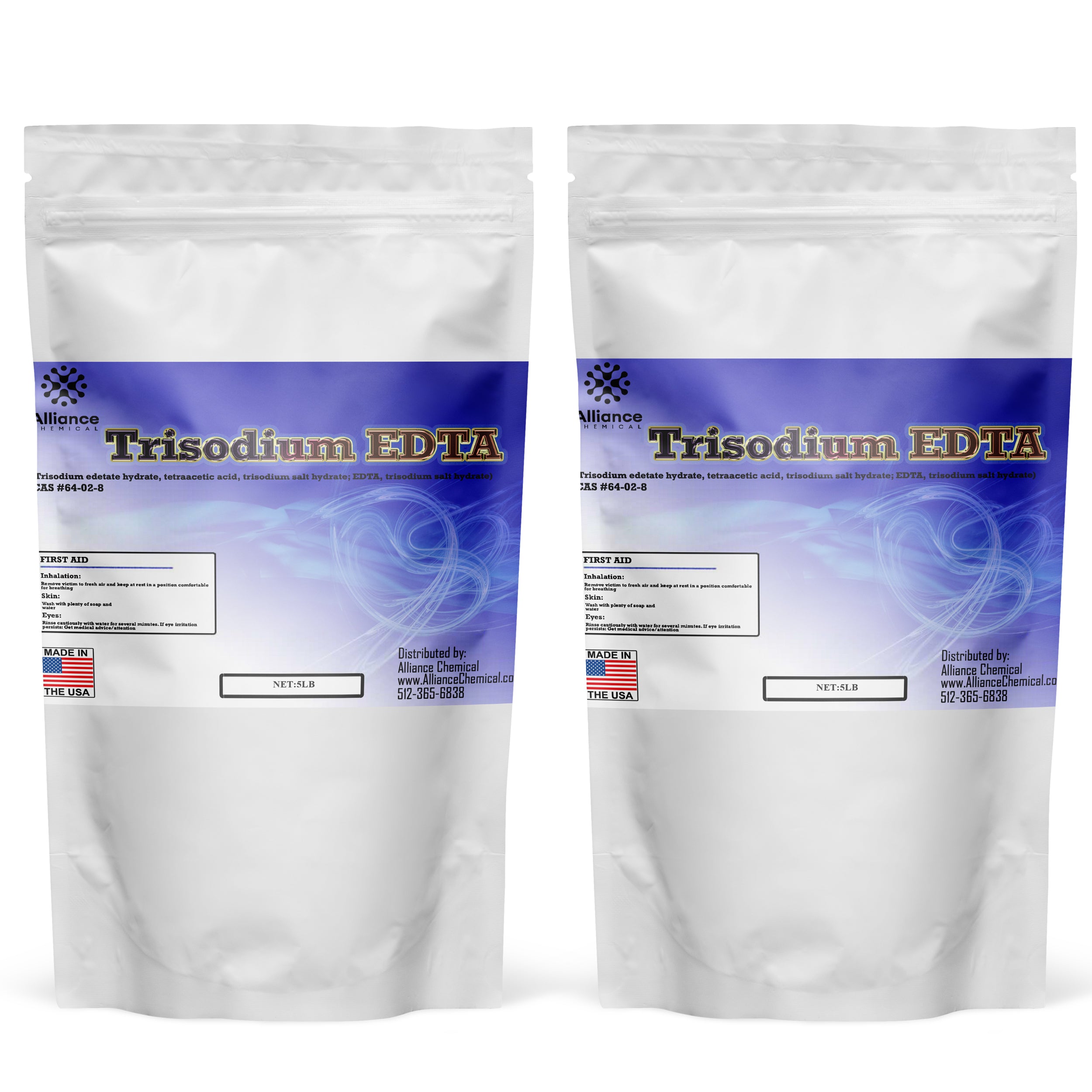 5 lb bags (2-pack) of Trisodium EDTA chelating agent in resealable white pouches with blue labels, CAS #64-02-8, made in USA, first aid instructions visible.
