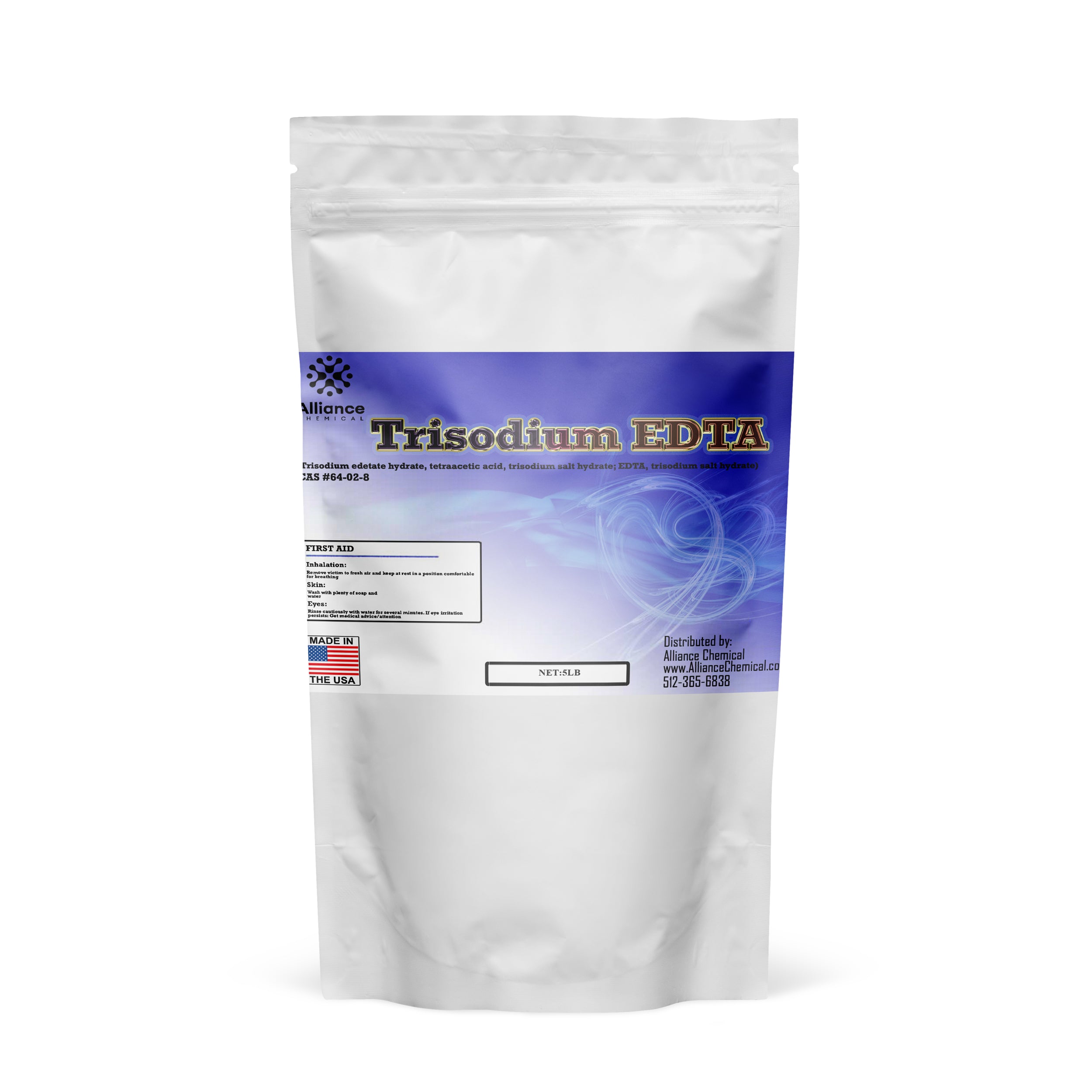 5 lb resealable pouch of Trisodium EDTA powder, CAS #64-02-8, with first aid information, made in USA, distributed by Alliance Chemical, white package with blue gradient design.