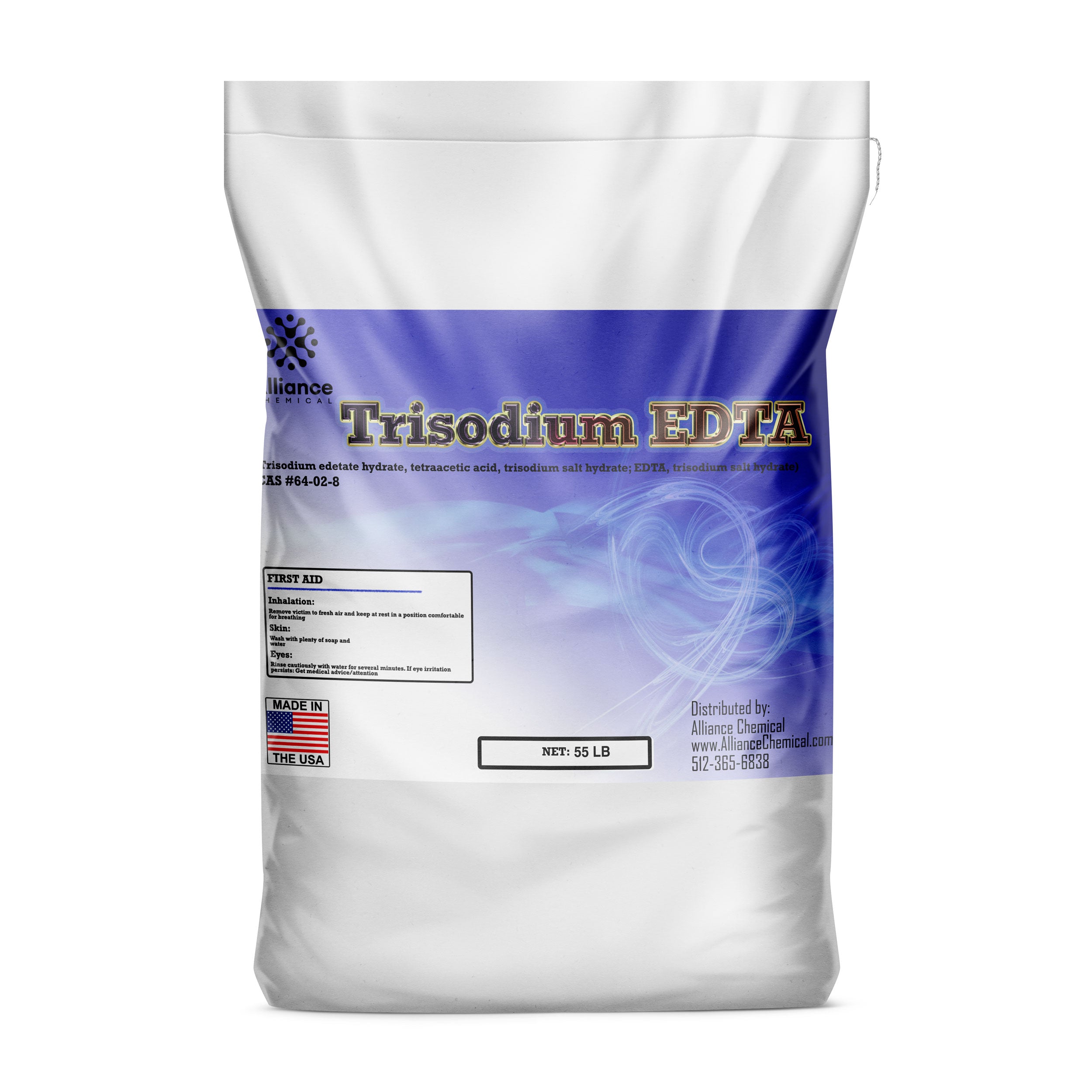 55lb bag of Trisodium EDTA industrial chelating agent, white packaging with blue gradient band, first aid instructions, Made in USA label, CAS #64-02-8.