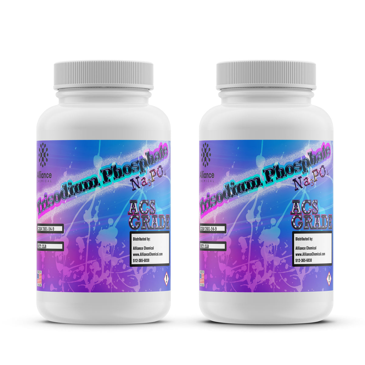 Two 2 lb bottles of Alliance Chemical Trisodium Phosphate Dodecahydrate ACS Reagent Grade with white plastic screw cap and...