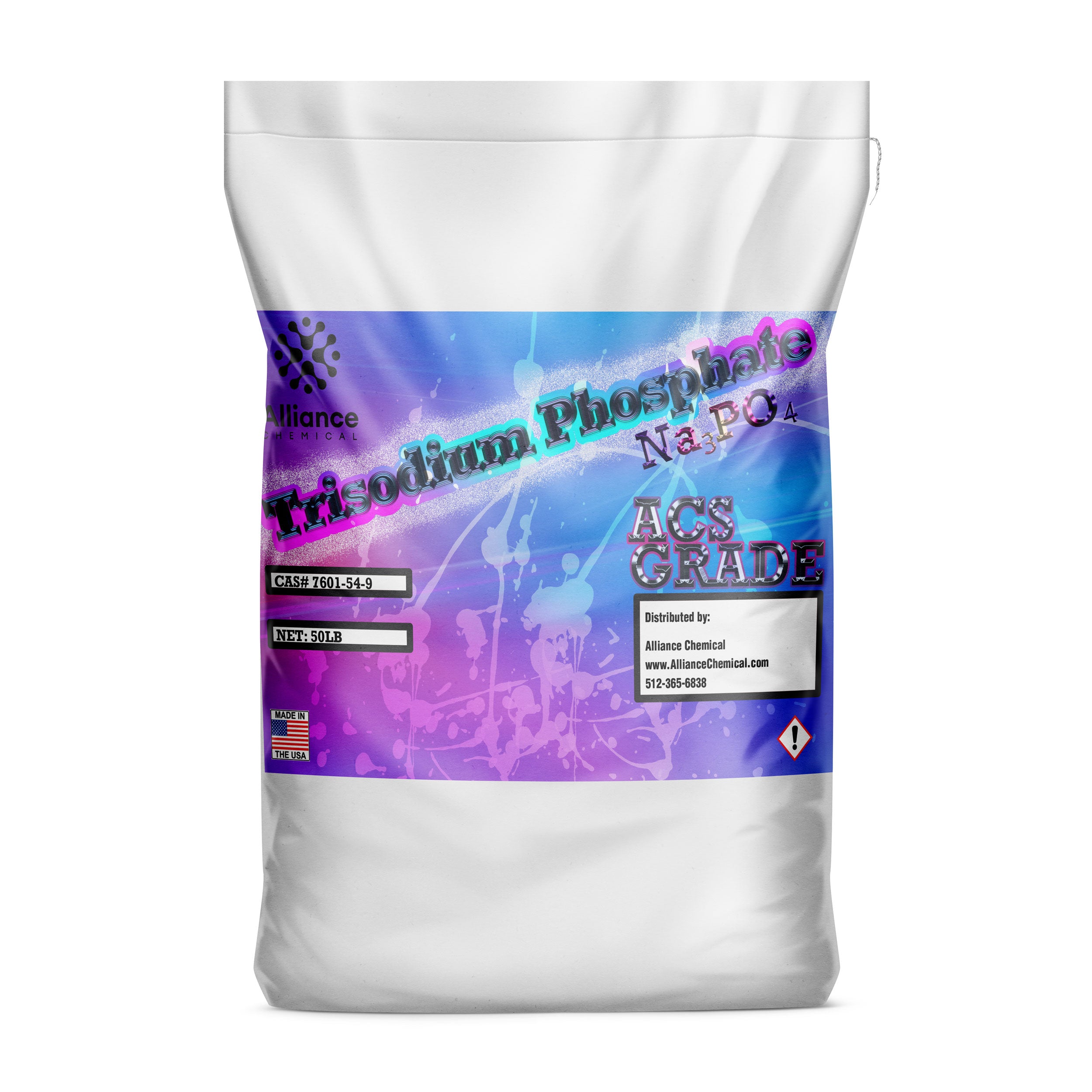 50lb bag of Trisodium Phosphate (Na3PO4) ACS reagent grade, white powder in sealed package with hazard warning symbol, Alliance Chemical branded.