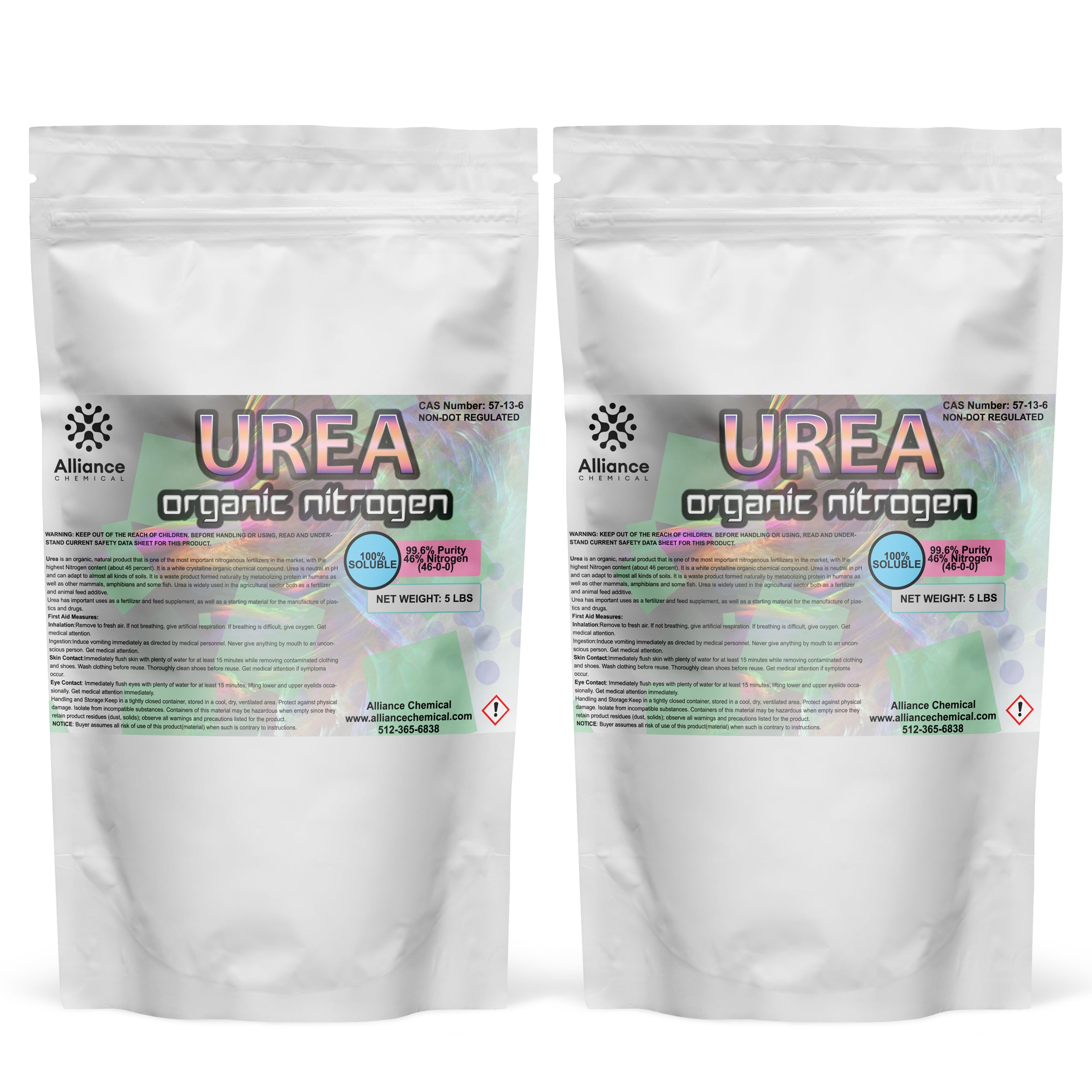 5 lb bags (2-pack) of 99.6% pure Urea Organic Nitrogen fertilizer, white resealable pouches with holographic label, CAS 57-13-6, hazard symbol, 100% soluble.