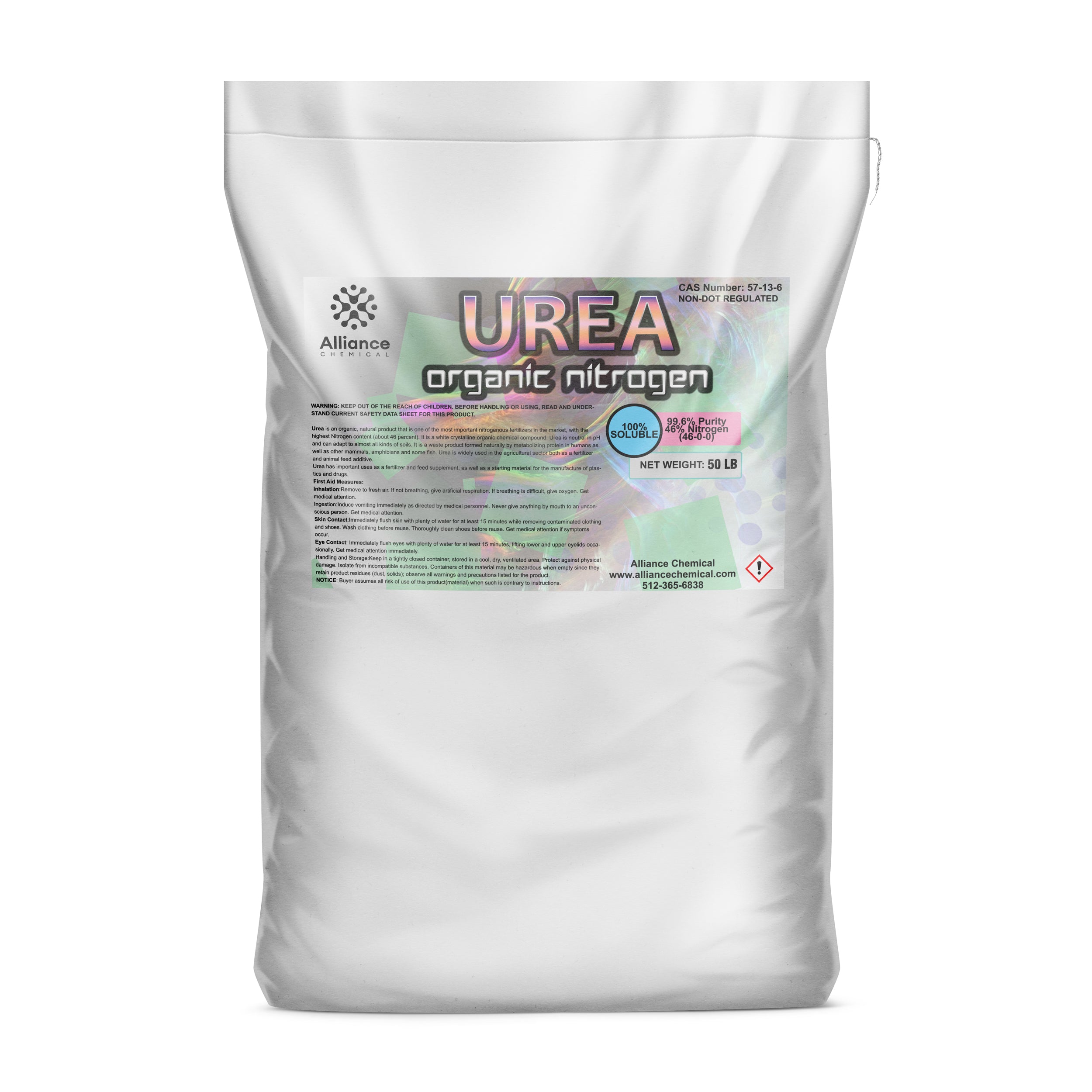 50lb white industrial bag of Urea organic nitrogen fertilizer (CAS 57-13-6), 100% soluble, with hazard symbol and Alliance Chemical branding.