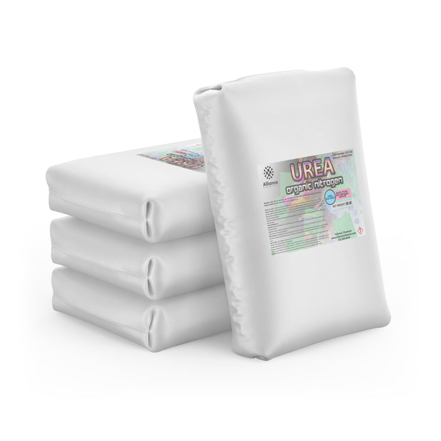 Four 50-lb bags of Alliance Chemical Urea - Organic Nitrogen, white plastic, with product label.