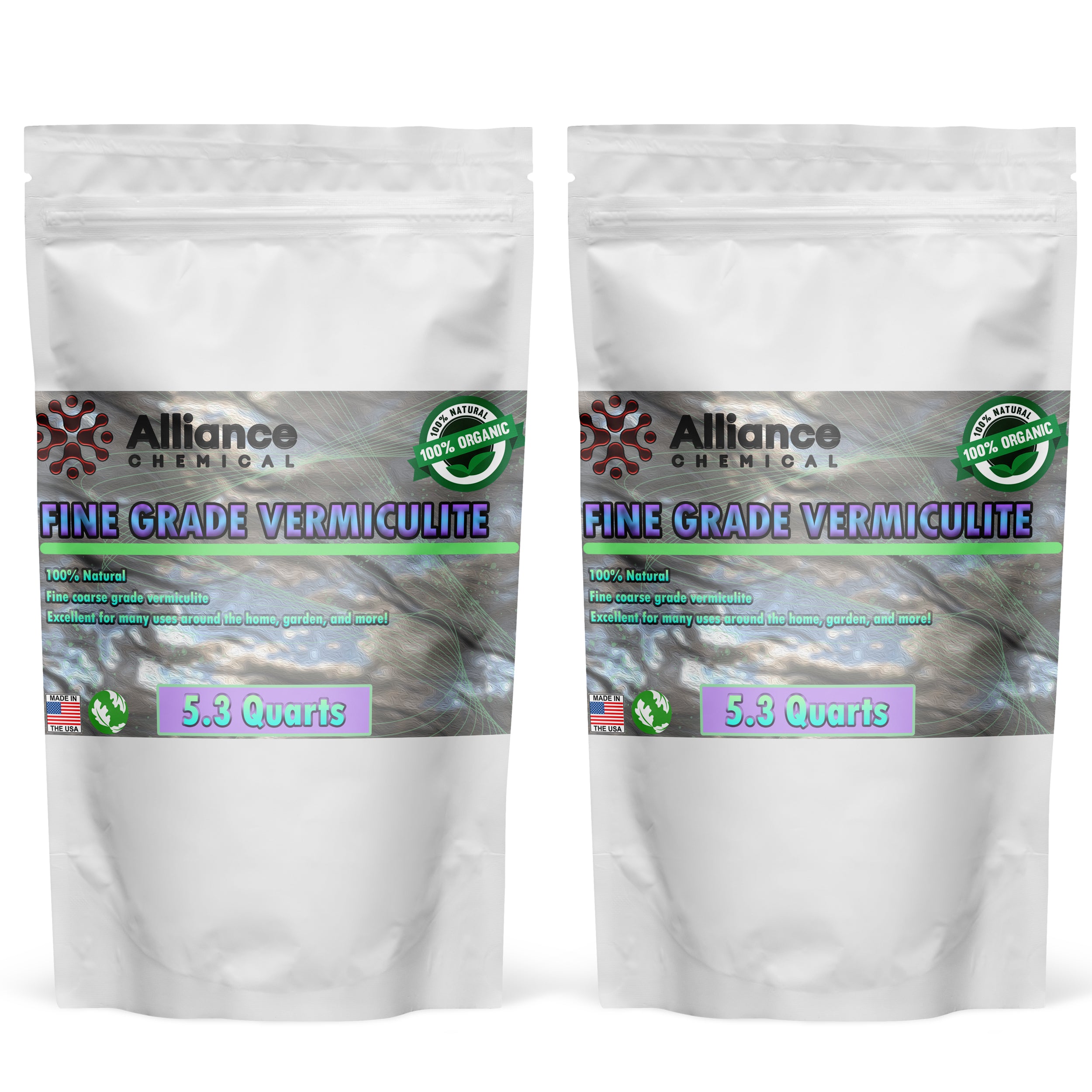 5.3-quart bags (2-pack) of fine-grade vermiculite by Alliance Chemical, 100% organic certified, natural mineral soil amendment in resealable white pouches.