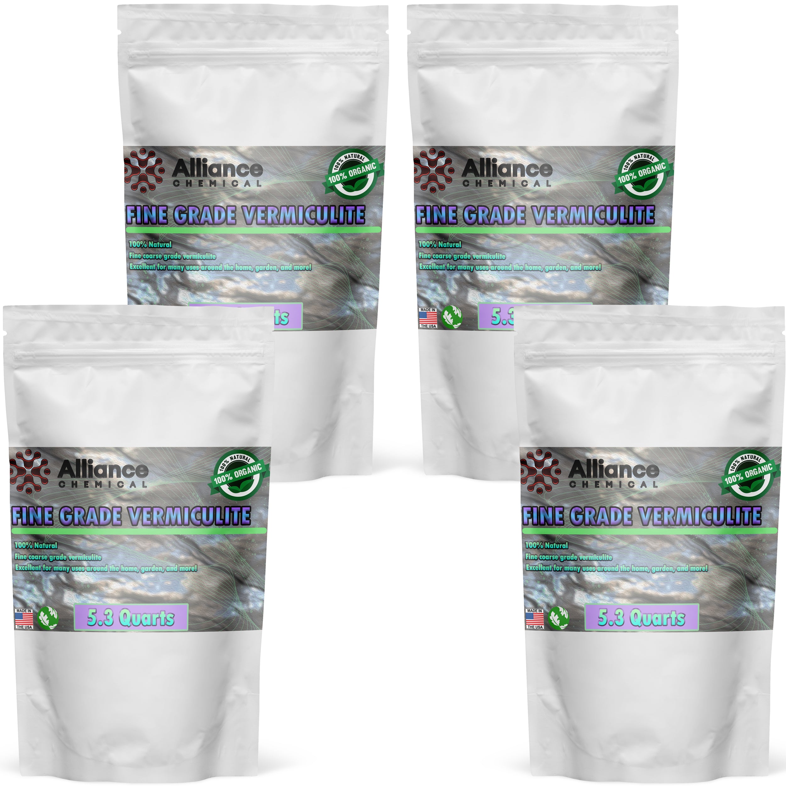 5.3-quart bags of Alliance Chemical fine-grade vermiculite, 100% organic, natural soil amendment in resealable white pouches with holographic label, 4-pack.