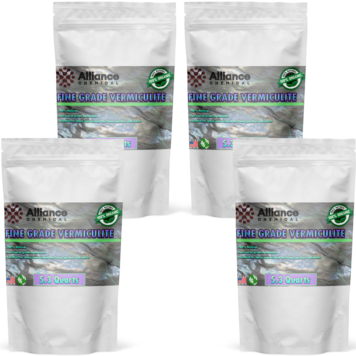 5.3-quart bags of Alliance Chemical fine-grade vermiculite, 100% organic, natural soil amendment in resealable white pouches