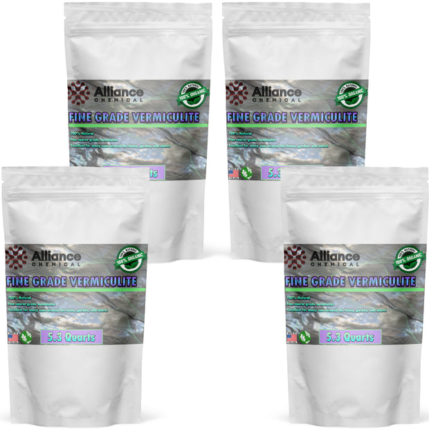 5.3-quart bags of Alliance Chemical fine-grade vermiculite, 100% organic, natural soil amendment in resealable white pouches
