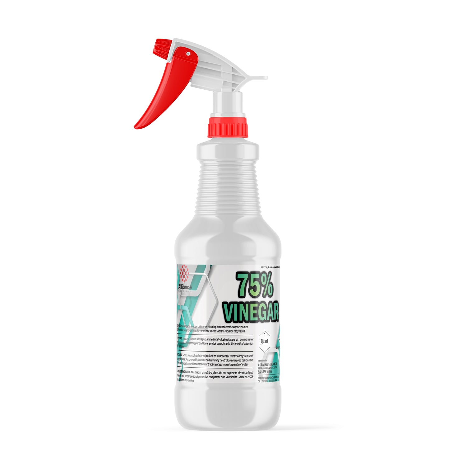 1-quart spray bottle of 75% industrial vinegar solution in white HDPE container with red trigger sprayer, chemical hazard diamond warning label.