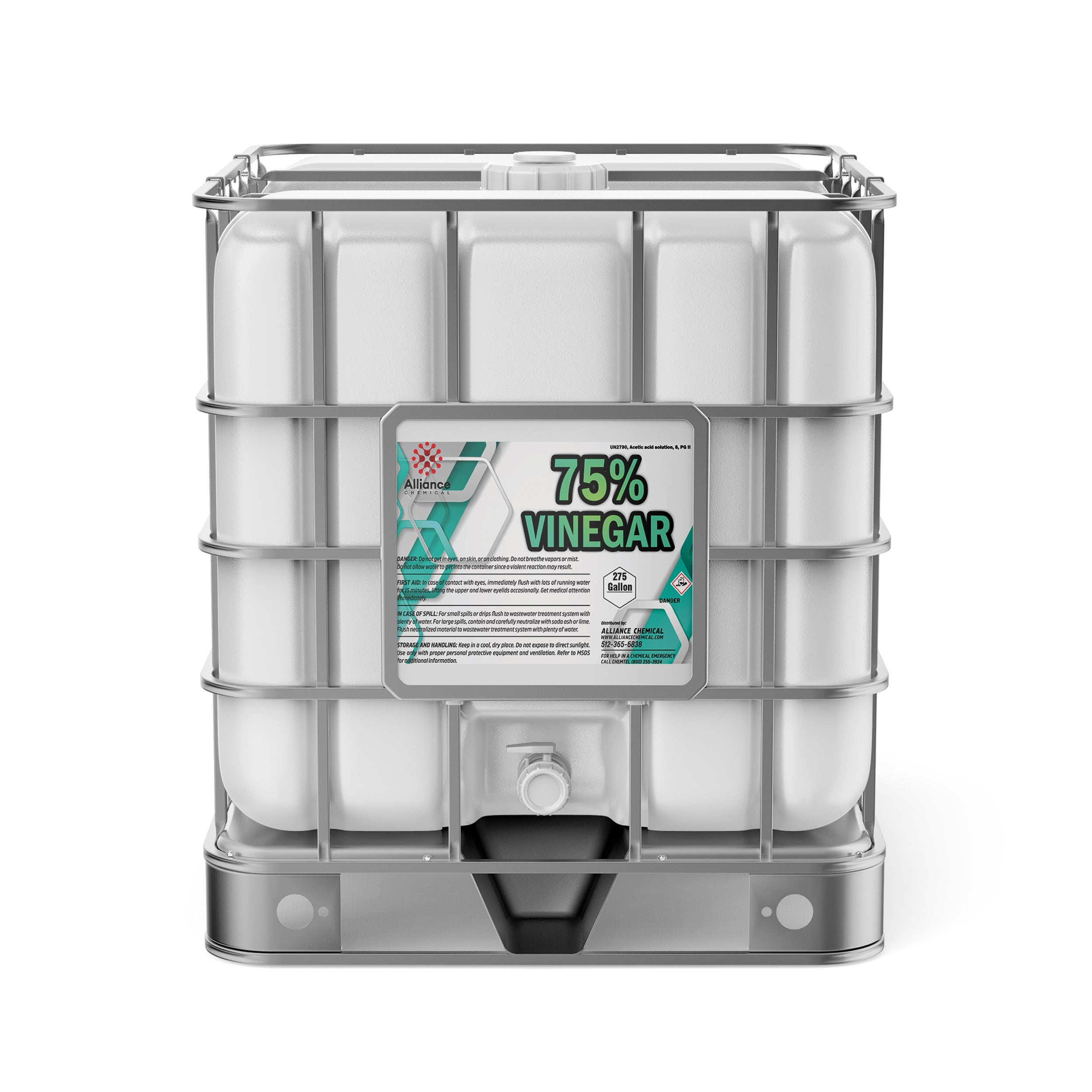 275-gallon IBC tote of 75% industrial vinegar solution in white HDPE container with metal cage, hazmat label, and bottom discharge valve.