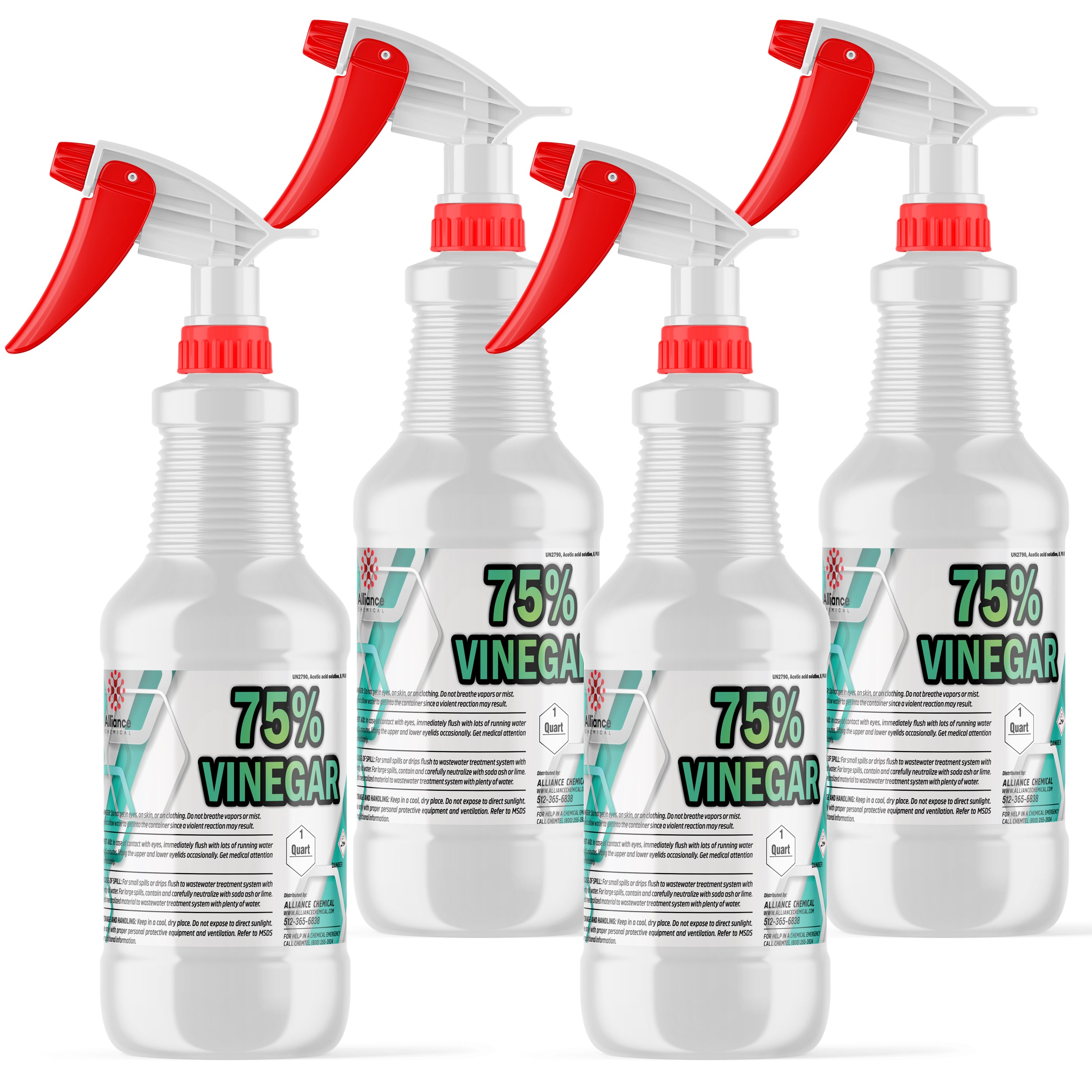1-quart spray bottles of 75% industrial vinegar solution, white HDPE containers with red trigger sprayers and safety labeling, 4-pack.