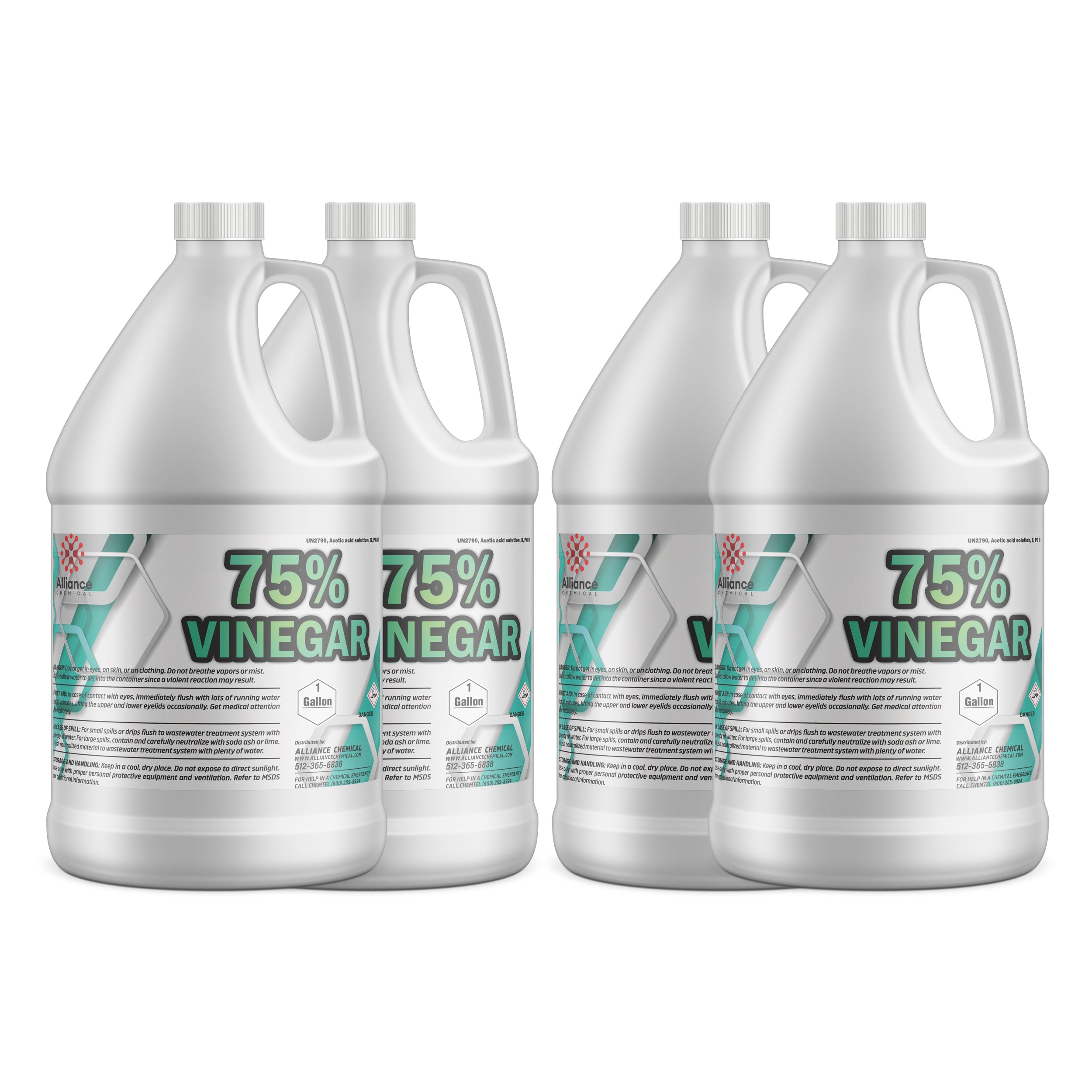 4x1-gallon industrial 75% vinegar solution in white HDPE jugs with safety warnings, manufactured by Alliance Chemical, for wastewater treatment applications.