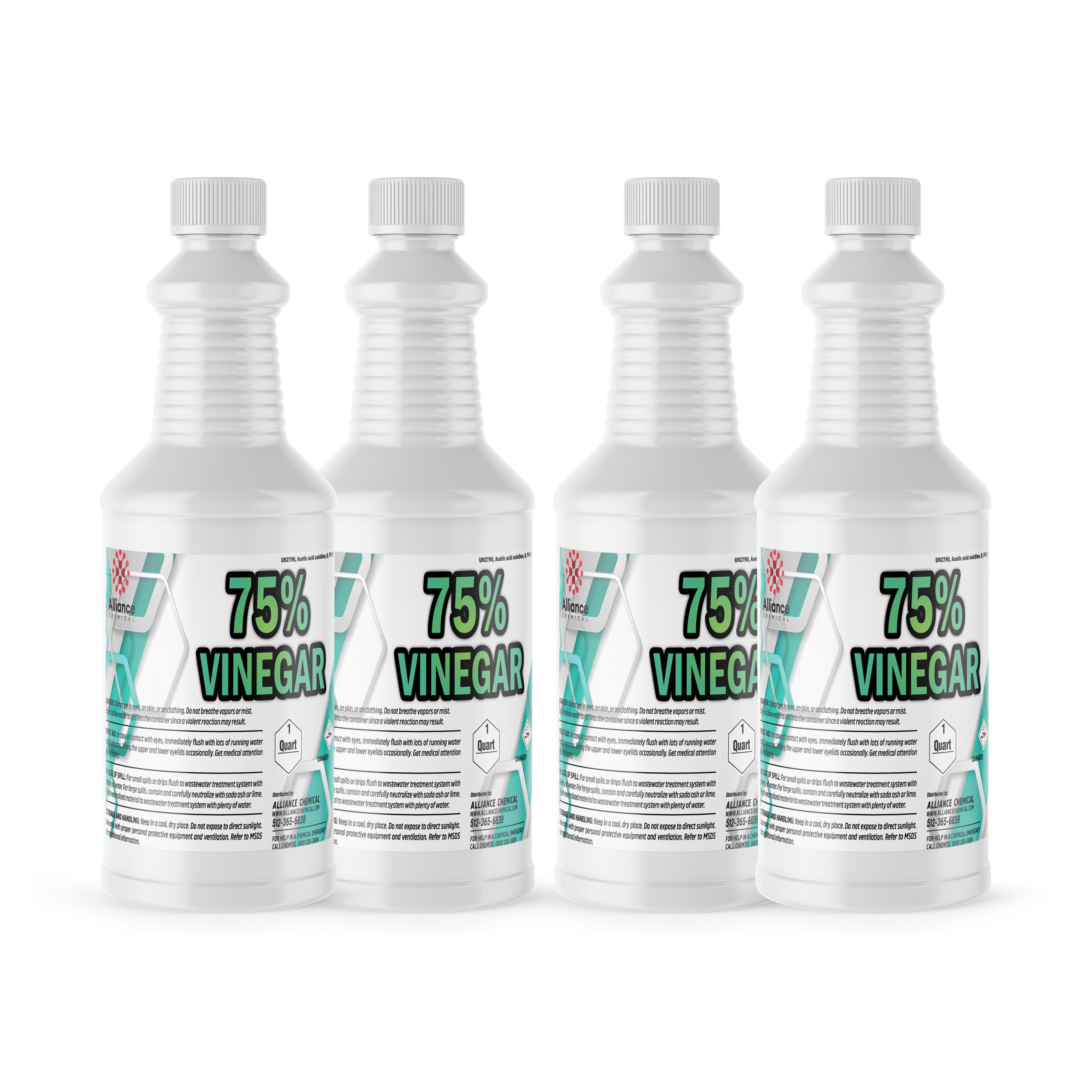 1-quart bottles (4-pack) of 75% industrial vinegar solution in white HDPE containers with ribbed design, safety-sealed caps, hazard warnings.