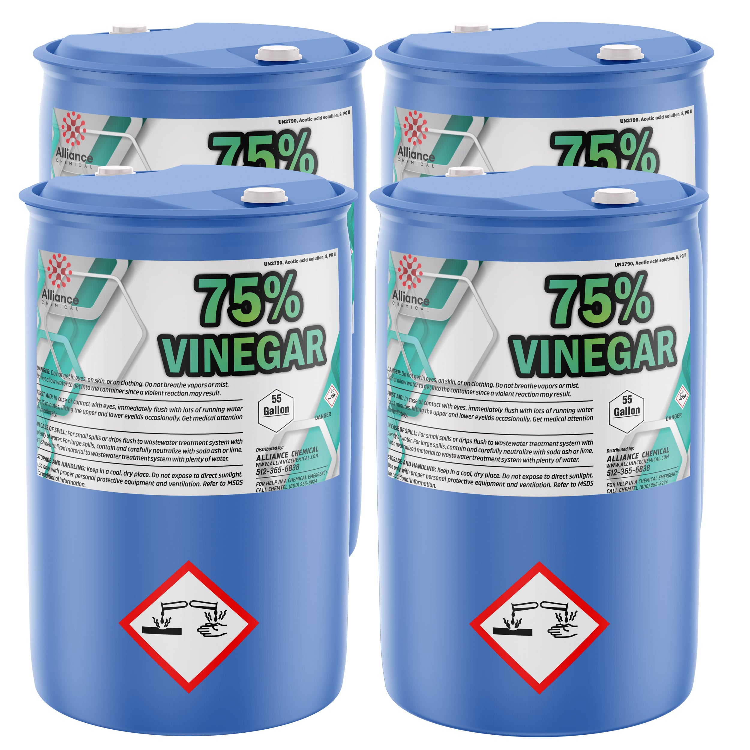 55-gallon blue drums of 75% industrial vinegar solution, UN2790 acetic acid, with corrosive hazard diamond symbols, Alliance Chemical brand, 4-drum set.