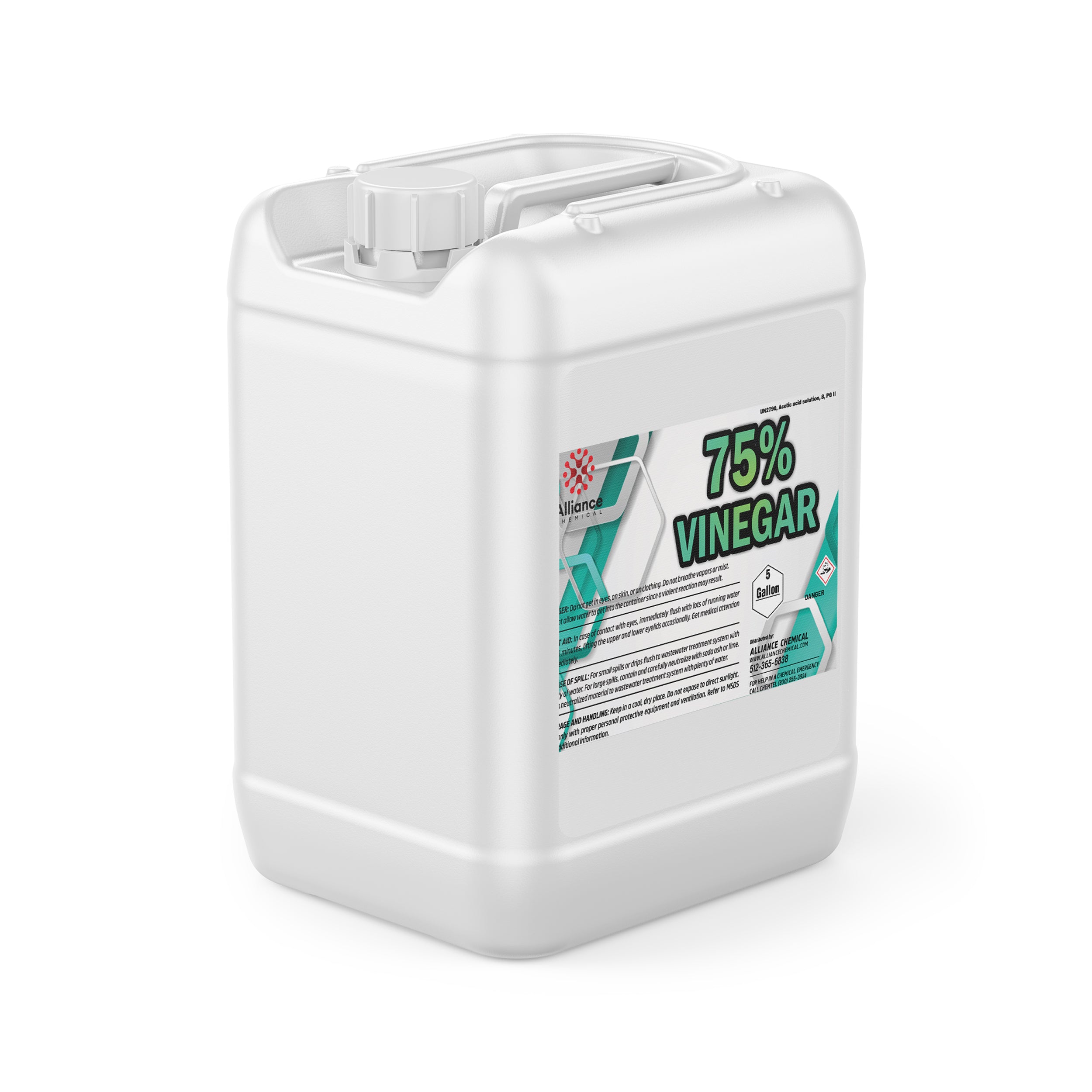 5-gallon HDPE industrial container of 75% vinegar solution, white square jerry can with green label, hazard warning symbol, Alliance Chemical brand.