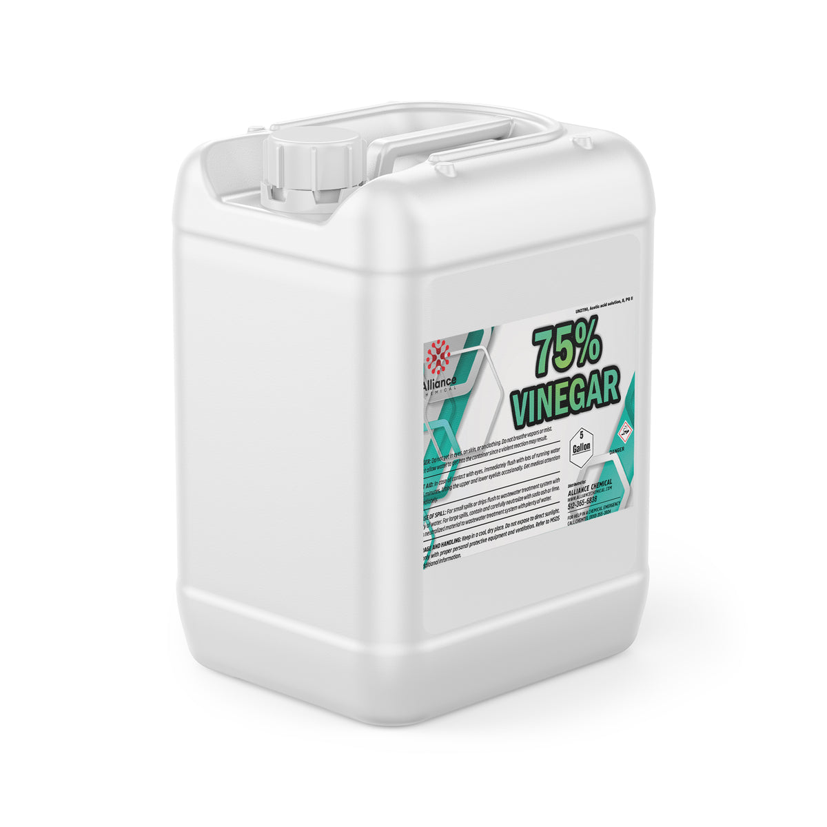 5-gallon HDPE industrial container of 75% vinegar solution, white square jerry can, Alliance Chemical brand
