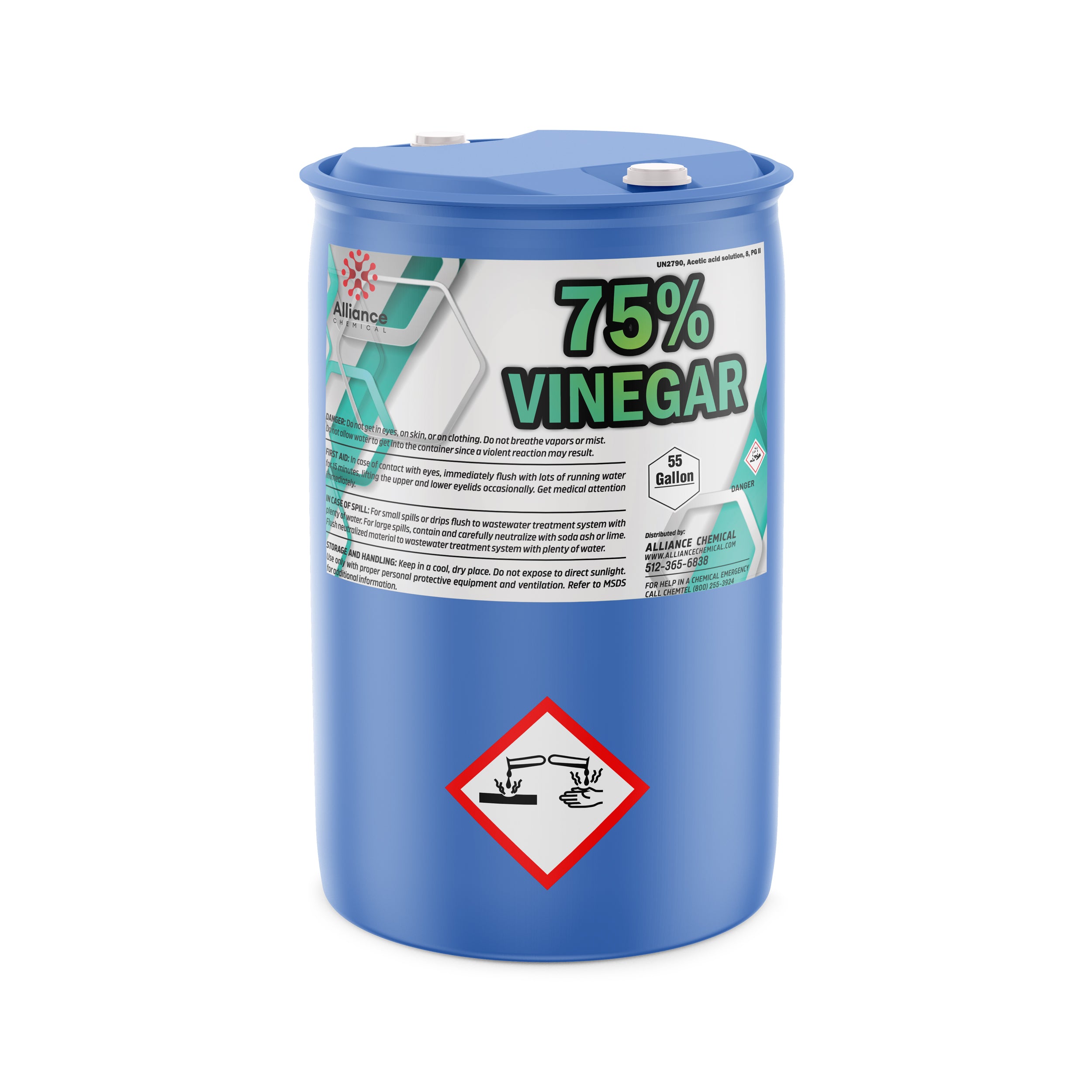 55-gallon blue industrial drum of 75% concentrated vinegar solution, featuring corrosive hazard warning symbol, Alliance Chemical branding, and dual-port sealed lid.