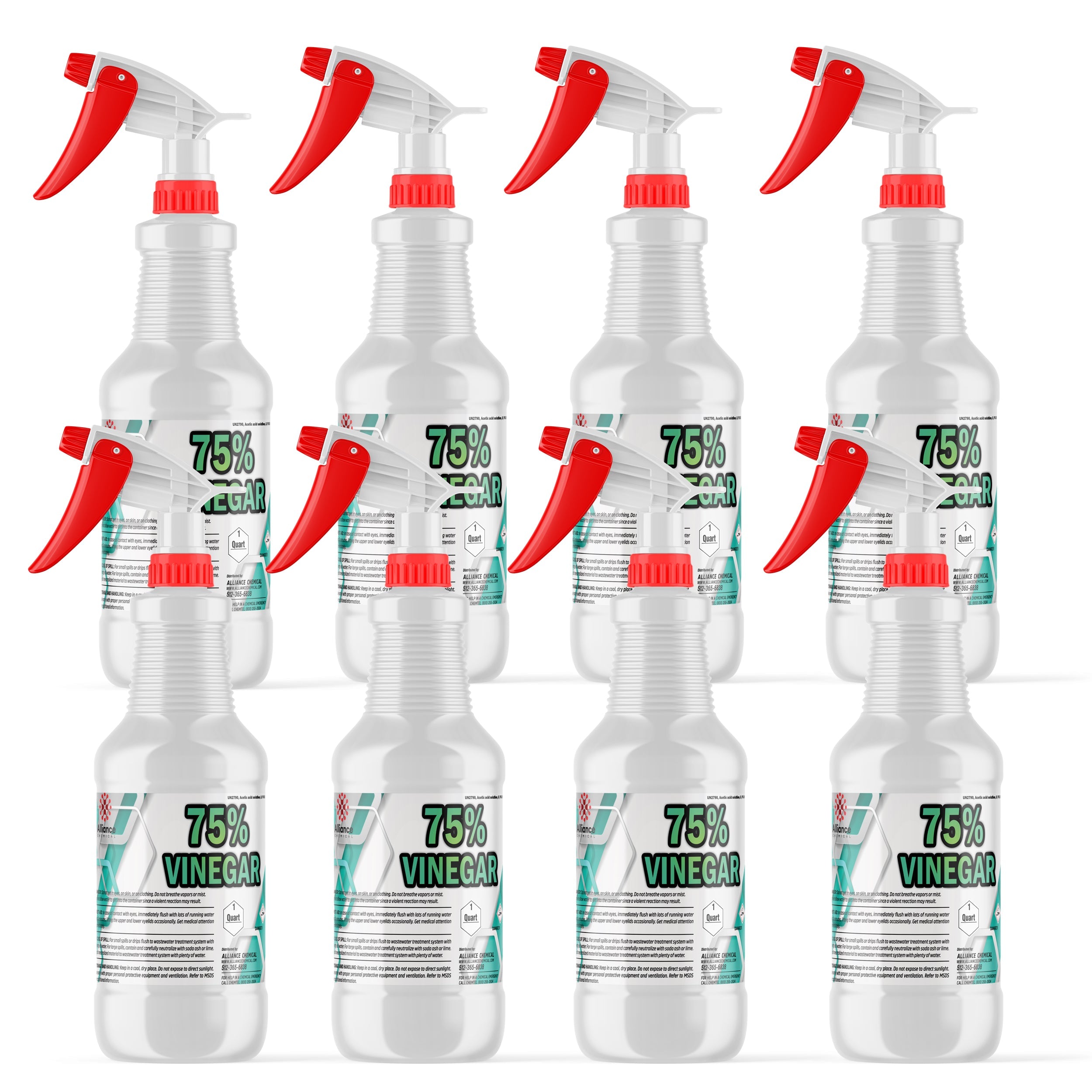 32 oz spray bottles of 75% industrial-strength vinegar solution in clear HDPE containers with red trigger sprayers and safety labeling.