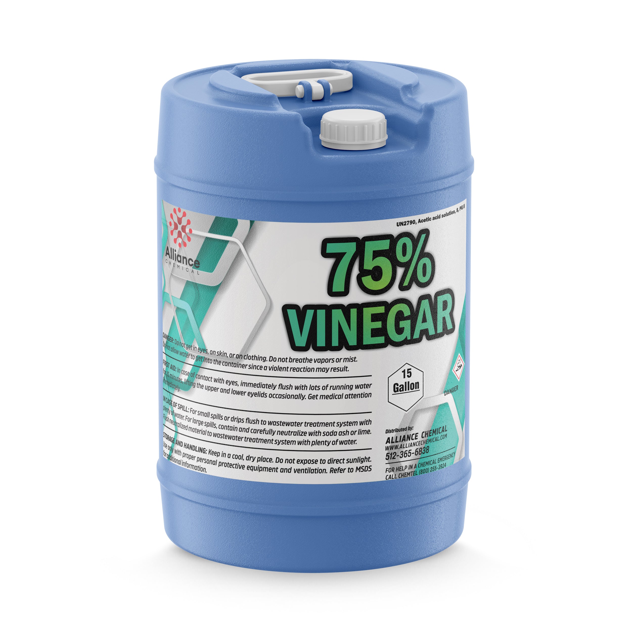 15-gallon HDPE carboy of 75% industrial vinegar solution with safety warnings, white cap, blue container, and UN2790 acid classification.