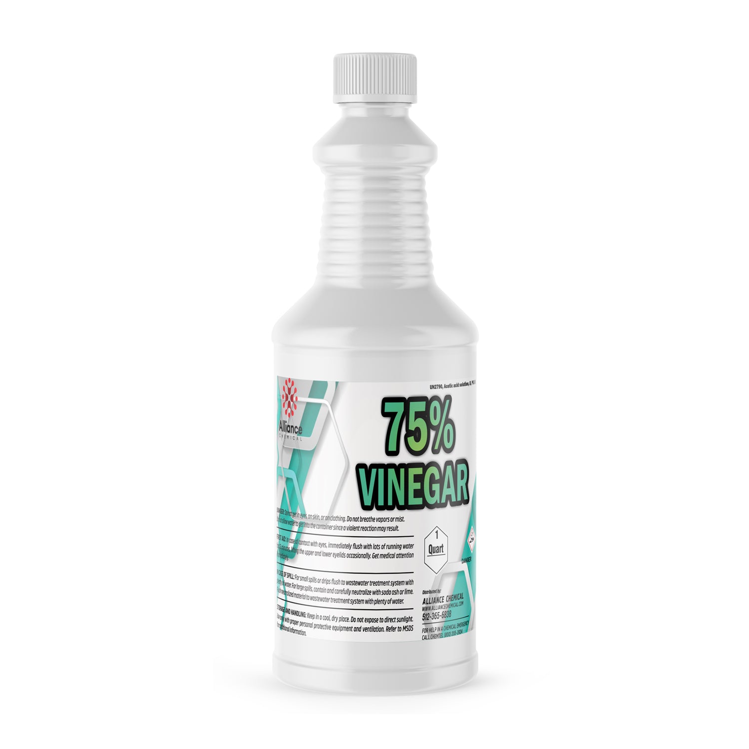 Quart bottle of 75% industrial vinegar solution in white HDPE container with safety warnings, green labeling, and corrosive hazard symbol.