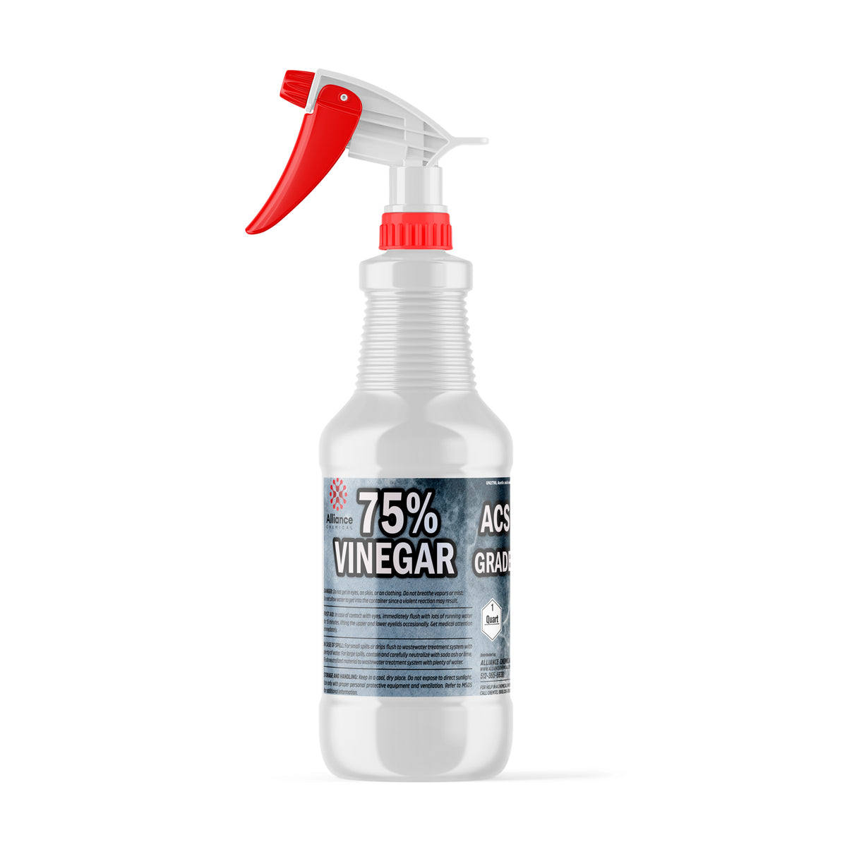 One 1-quart plastic bottle of Alliance Chemical 75% Vinegar ACS Grade with a red and white spray nozzle.