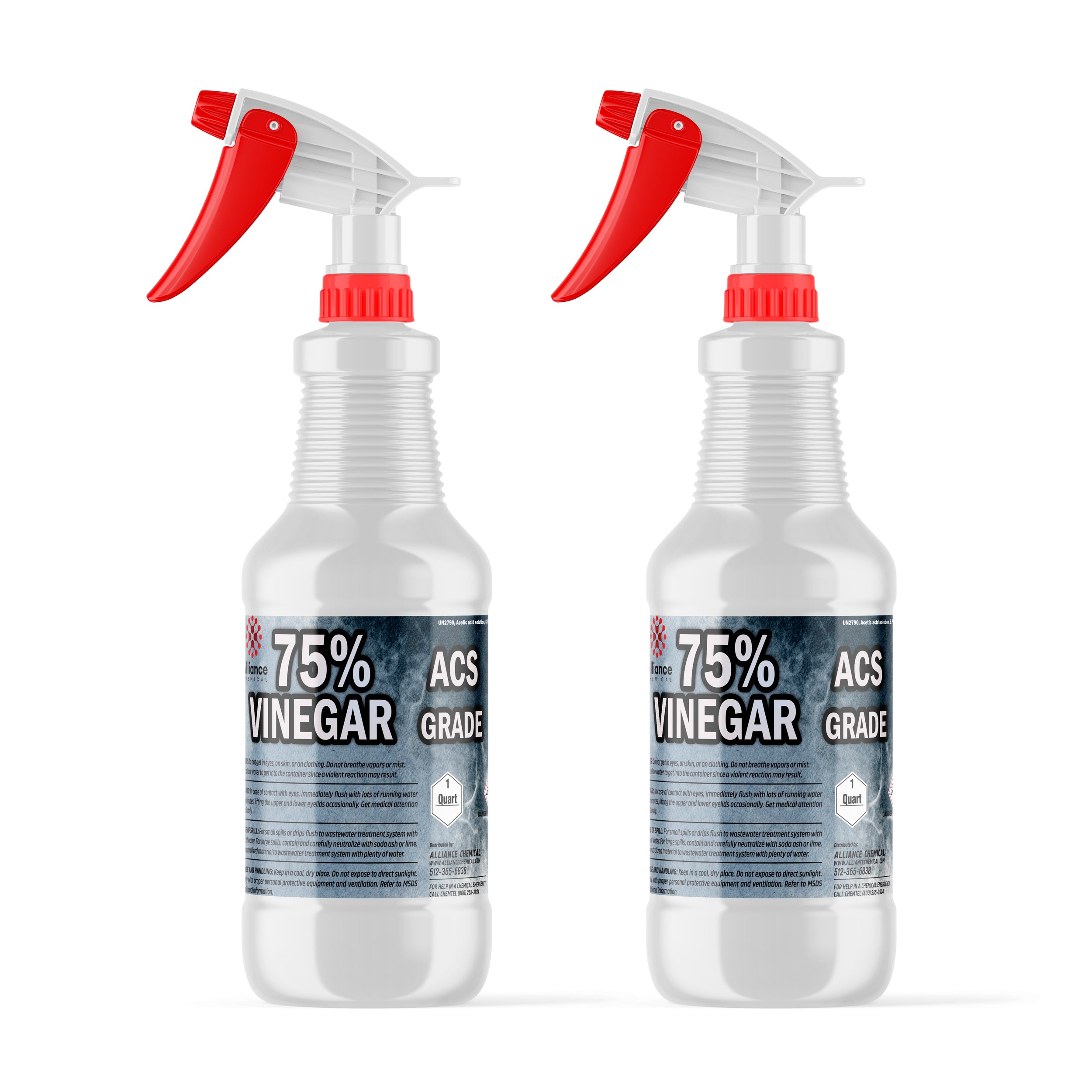 1-quart spray bottles of 75% ACS-grade vinegar solution in white HDPE containers with red trigger sprayers, chemical hazard diamond symbol.