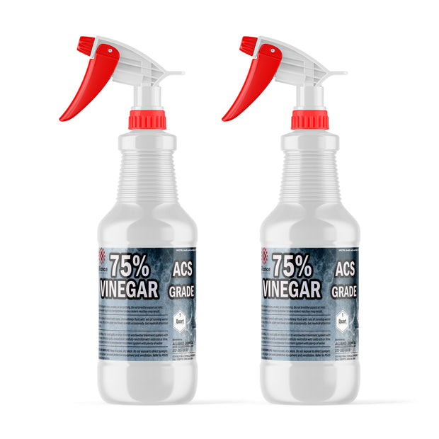 Two 1-quart bottles of Alliance Chemical 75% Vinegar ACS Grade with red spray nozzles and product labels