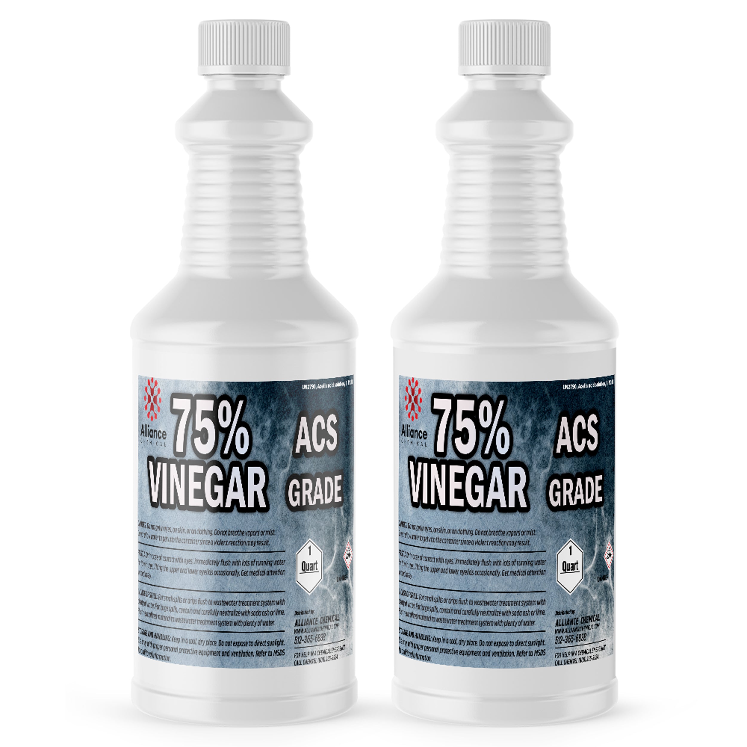 Quart bottles of 75% ACS-grade vinegar in white HDPE containers with ribbed shoulders, hazard warning labels, and child-resistant caps.