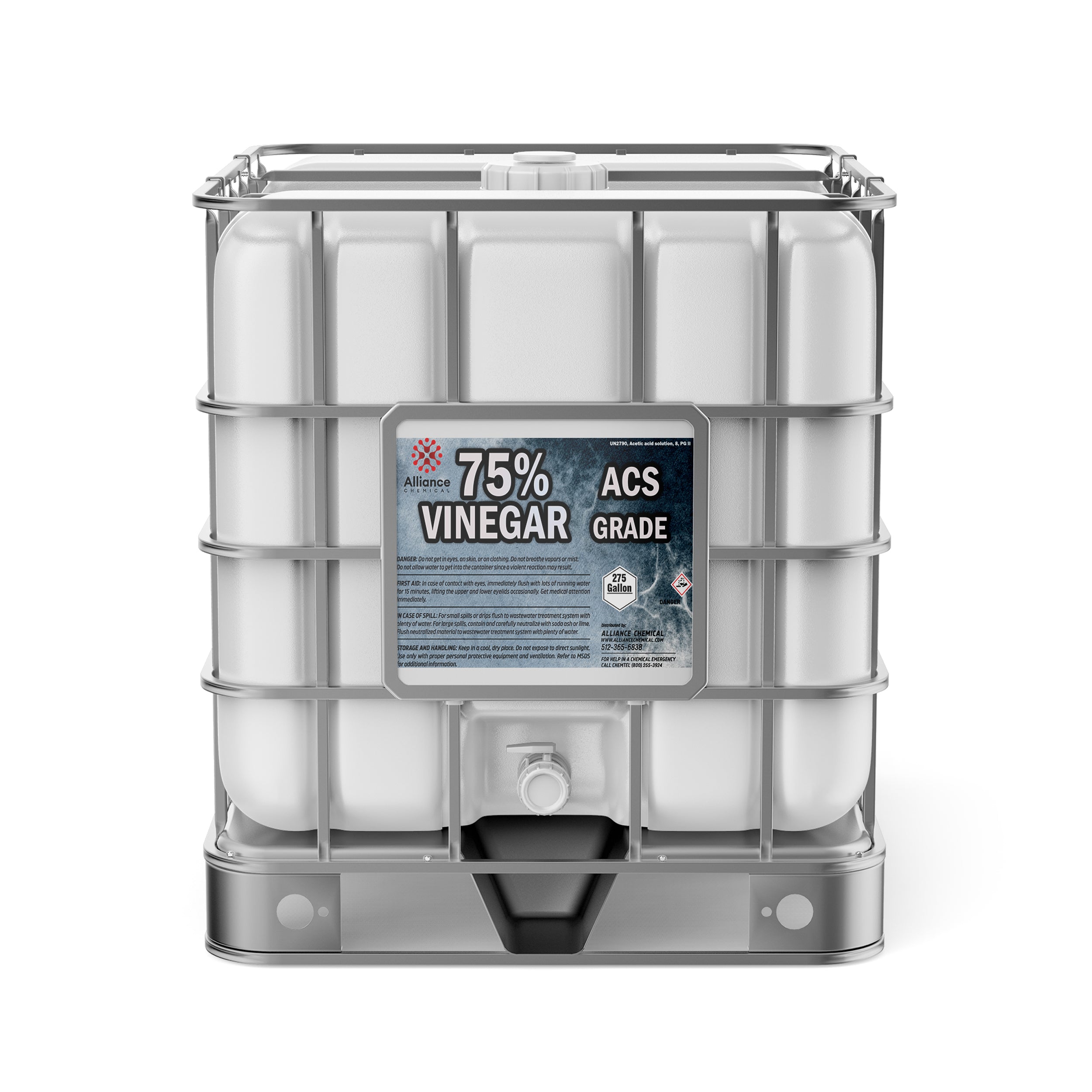 275-gallon IBC tote of 75% ACS-grade vinegar in white HDPE container with metal cage, hazard warning label, and bottom discharge valve.