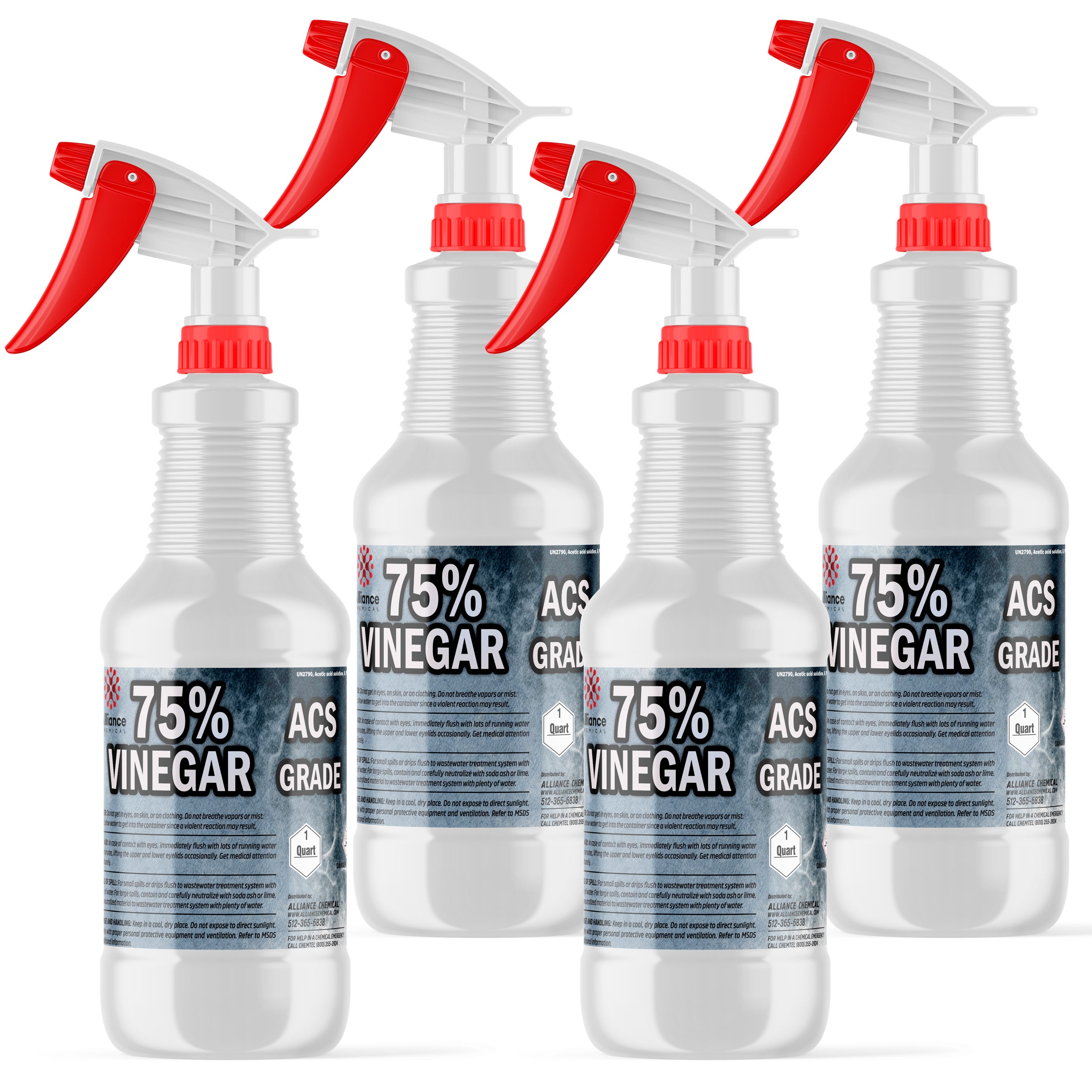 1-quart ACS-grade 75% vinegar solution in white HDPE spray bottles with red trigger sprayers, hazard warning labels and industrial markings.