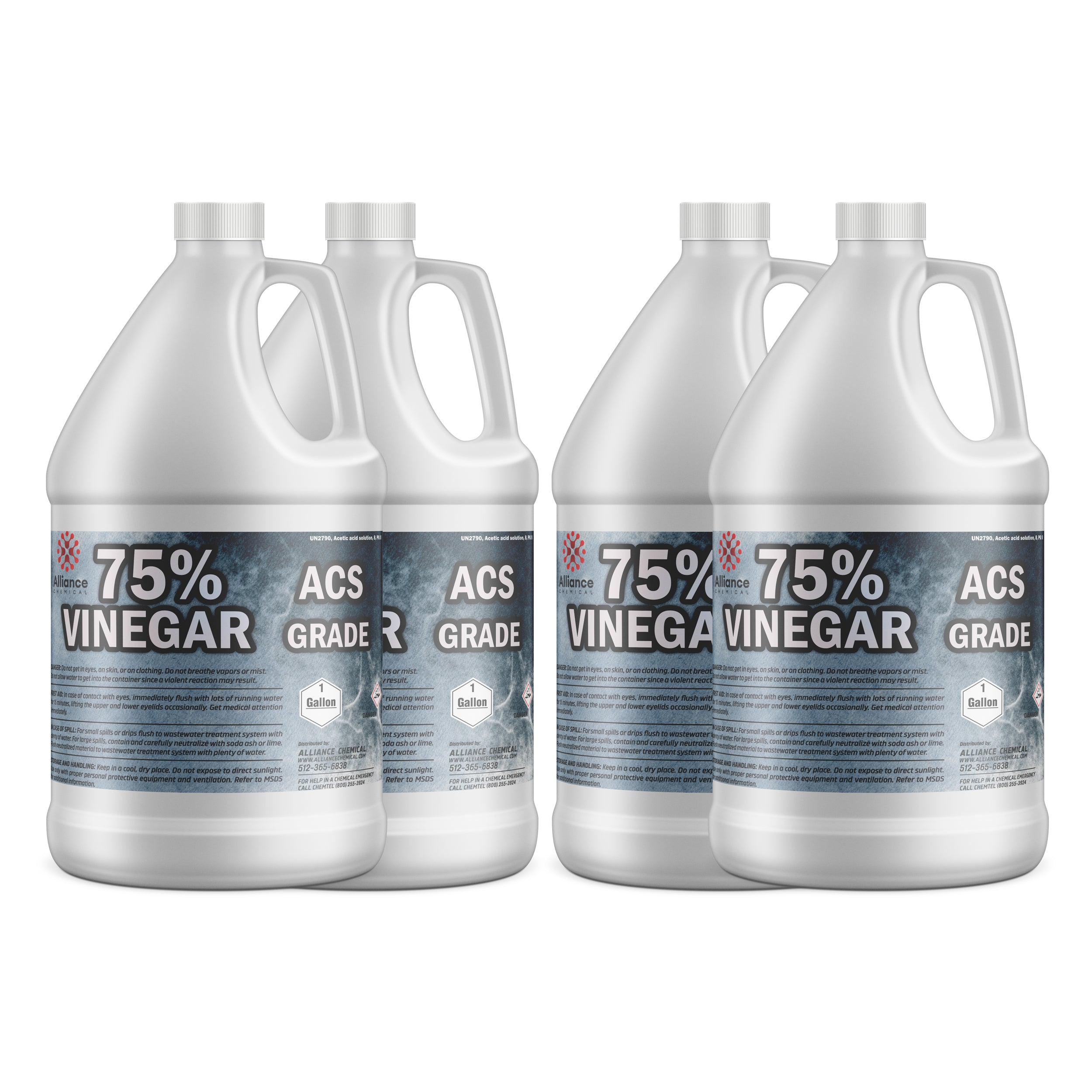 4x1-gallon HDPE bottles of 75% ACS Grade Vinegar, industrial-strength acetic acid in white containers with safety labeling and screw caps.