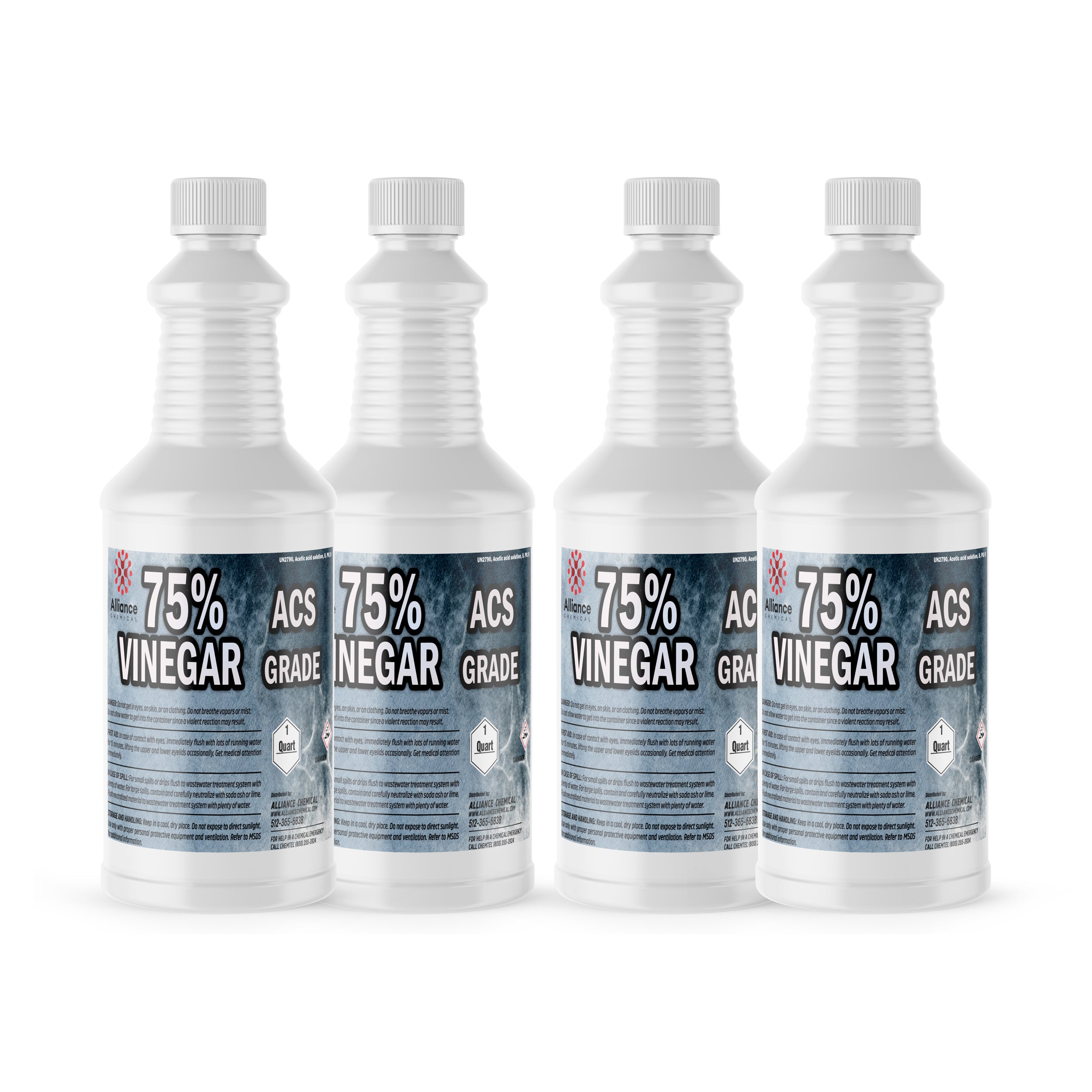4x1-quart bottles of 75% ACS-grade vinegar in white HDPE containers with corrosive warning symbol, ribbed design and child-resistant caps.