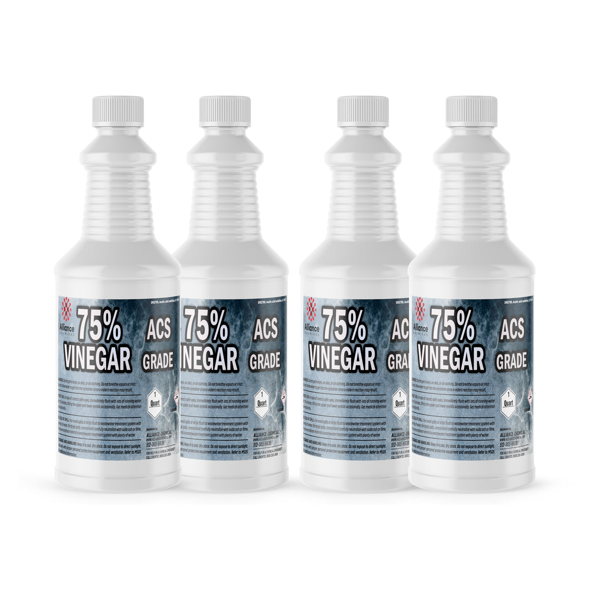 Four 1-quart plastic bottles of Alliance Chemical 75% Vinegar ACS Grade with white ribbed caps and safety labels
