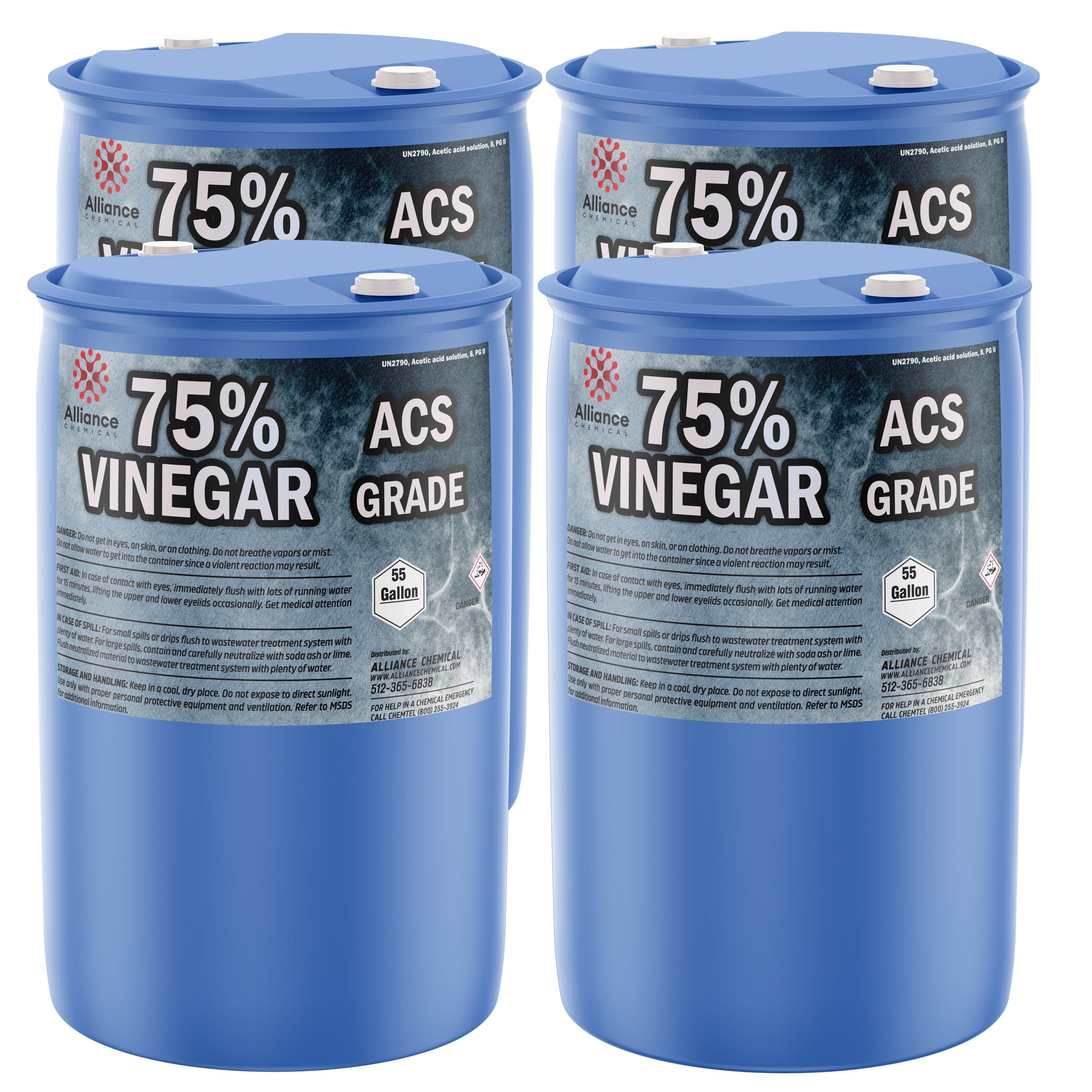 4x55-gallon blue HDPE drums of 75% ACS-grade vinegar with safety warnings, UN2790 classification, and corrosive hazard symbols by Alliance Chemical.