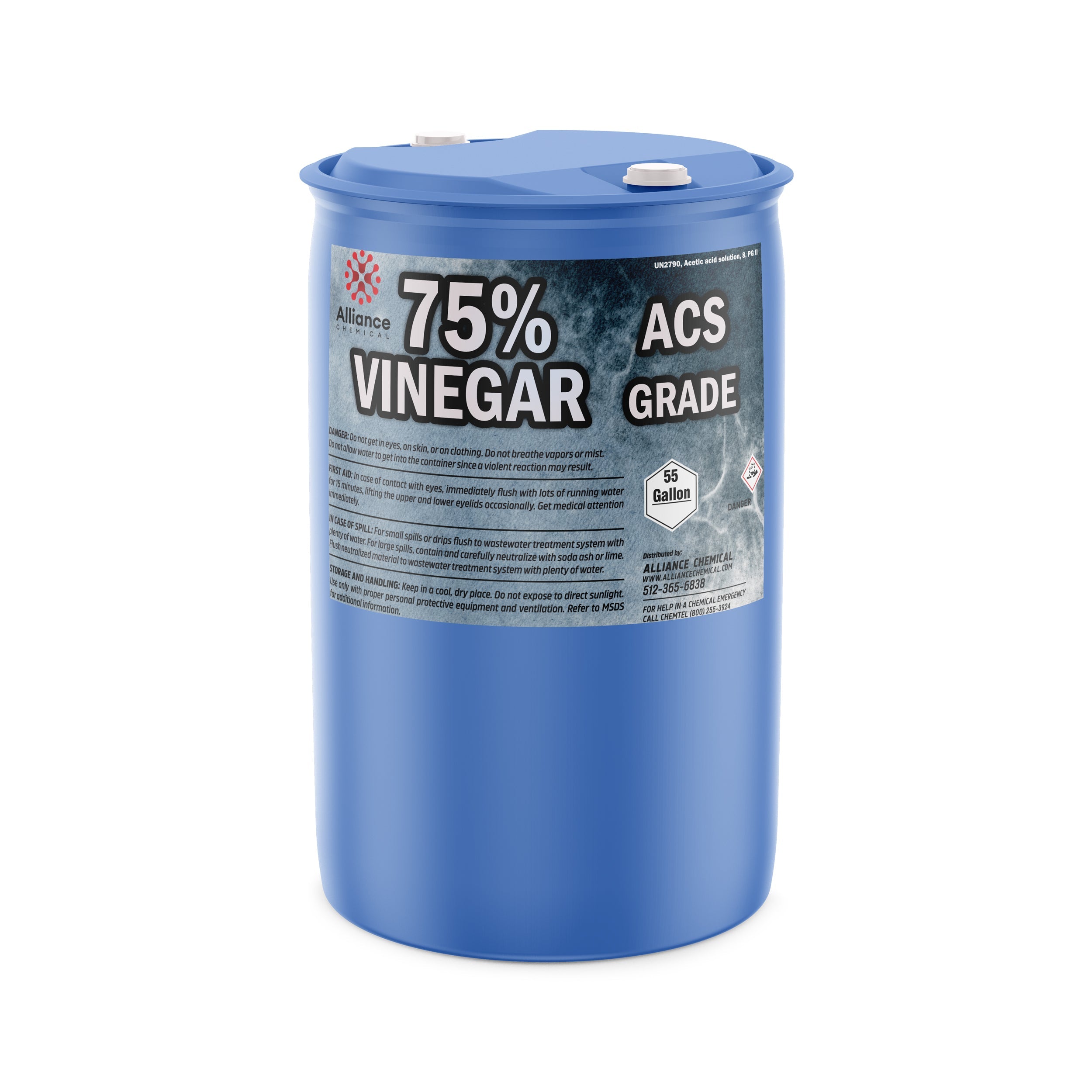 55-gallon blue HDPE drum of 75% ACS-grade vinegar with hazard warnings, dual-port lid, and chemical safety labeling from Alliance Chemical.
