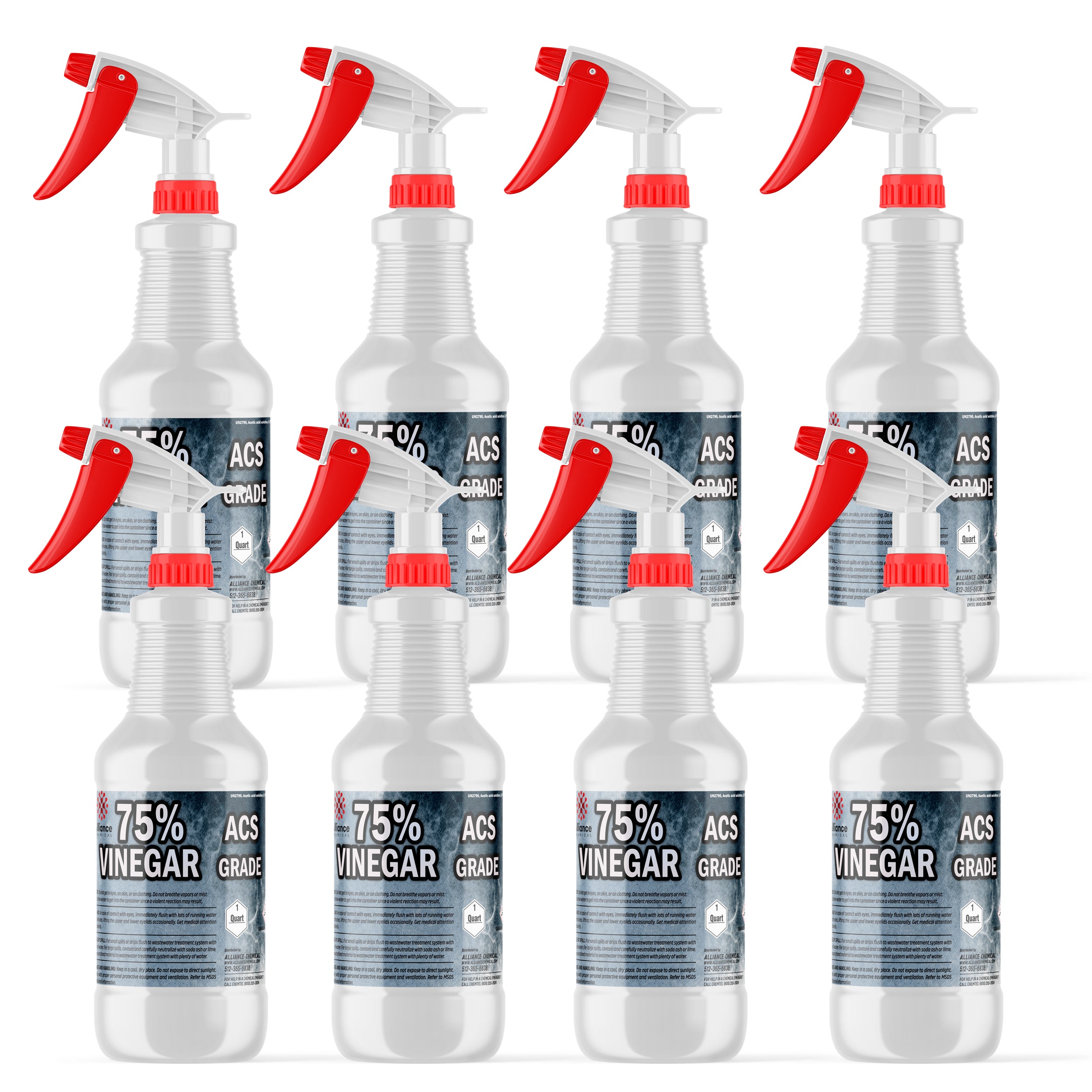 32-oz spray bottles of 75% ACS-grade vinegar in white HDPE containers with red trigger sprayers, industrial chemical labeling.