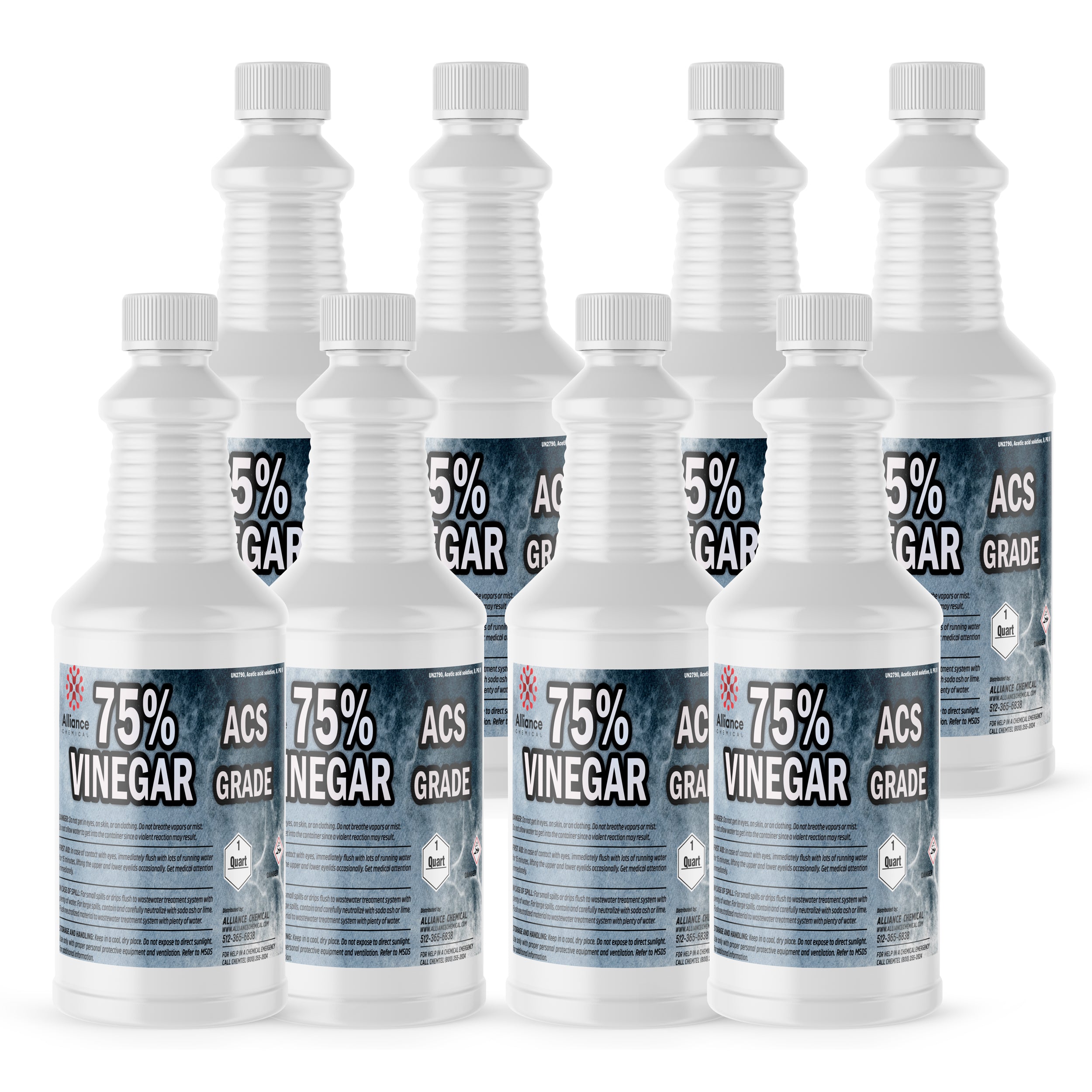 8x1-quart bottles of 75% ACS-grade vinegar, white HDPE containers with ribbed design, corrosive warning symbol, secure screw caps.