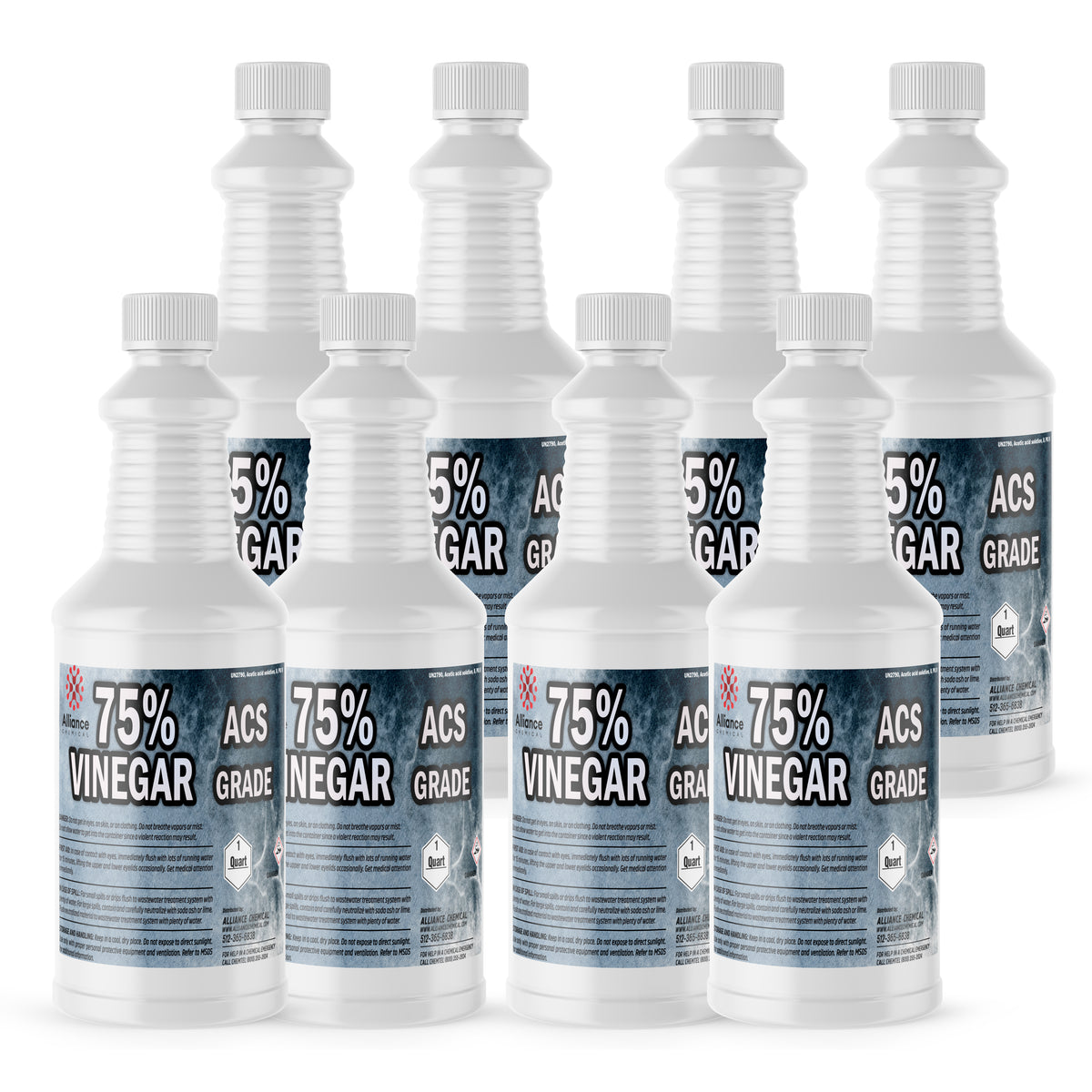 Eight 1-quart plastic bottles of Alliance Chemical 75% Vinegar ACS Grade with white screw caps and product labels