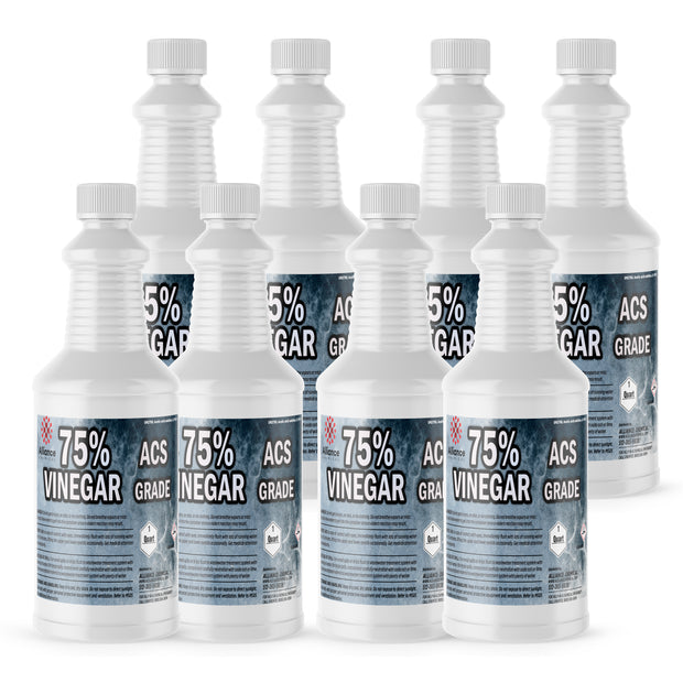Eight 1-quart plastic bottles of Alliance Chemical 75% Vinegar ACS Grade with white screw caps and product labels