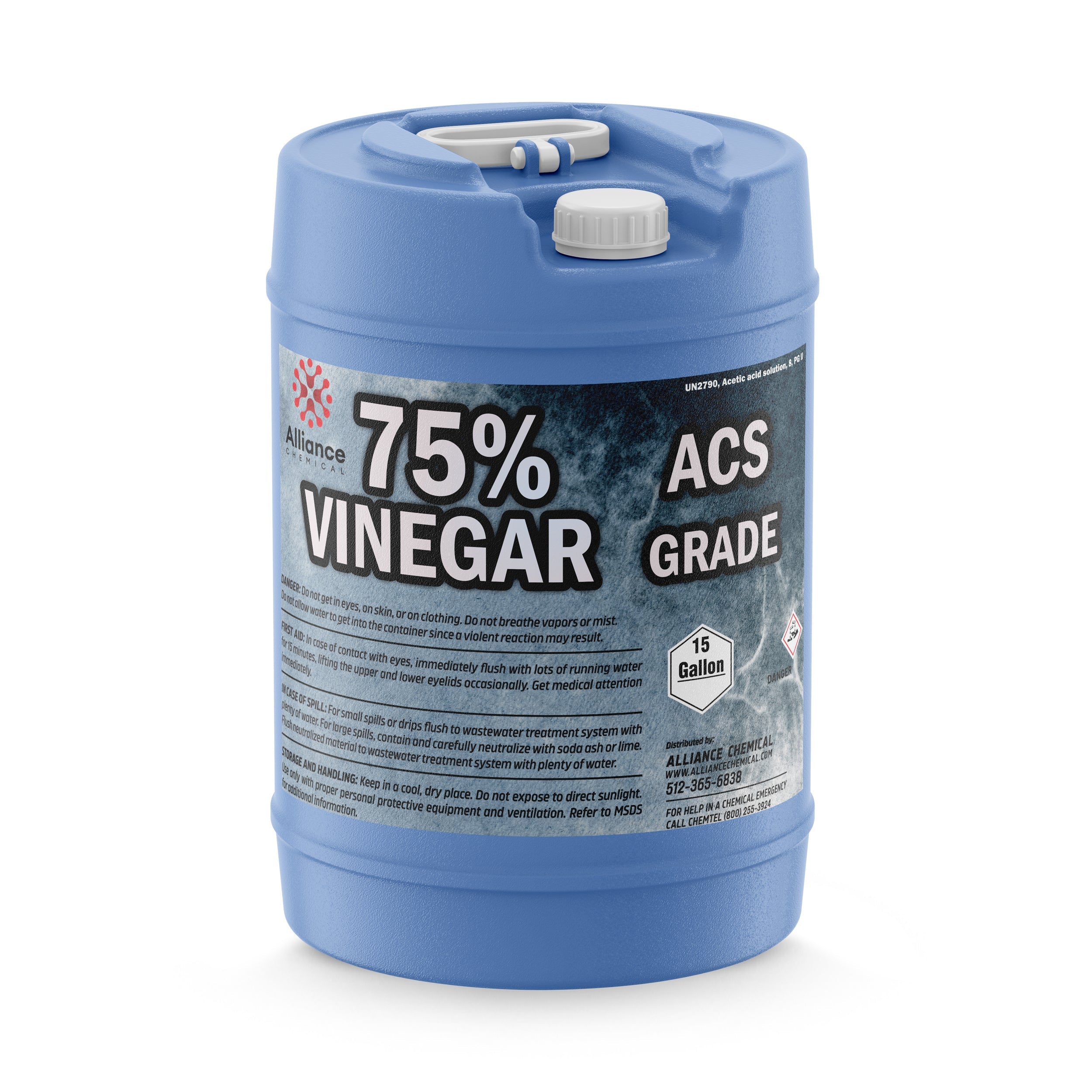 15-gallon blue HDPE carboy of 75% ACS-grade vinegar with safety warnings, distributed by Alliance Chemical, industrial-strength acetic acid solution.
